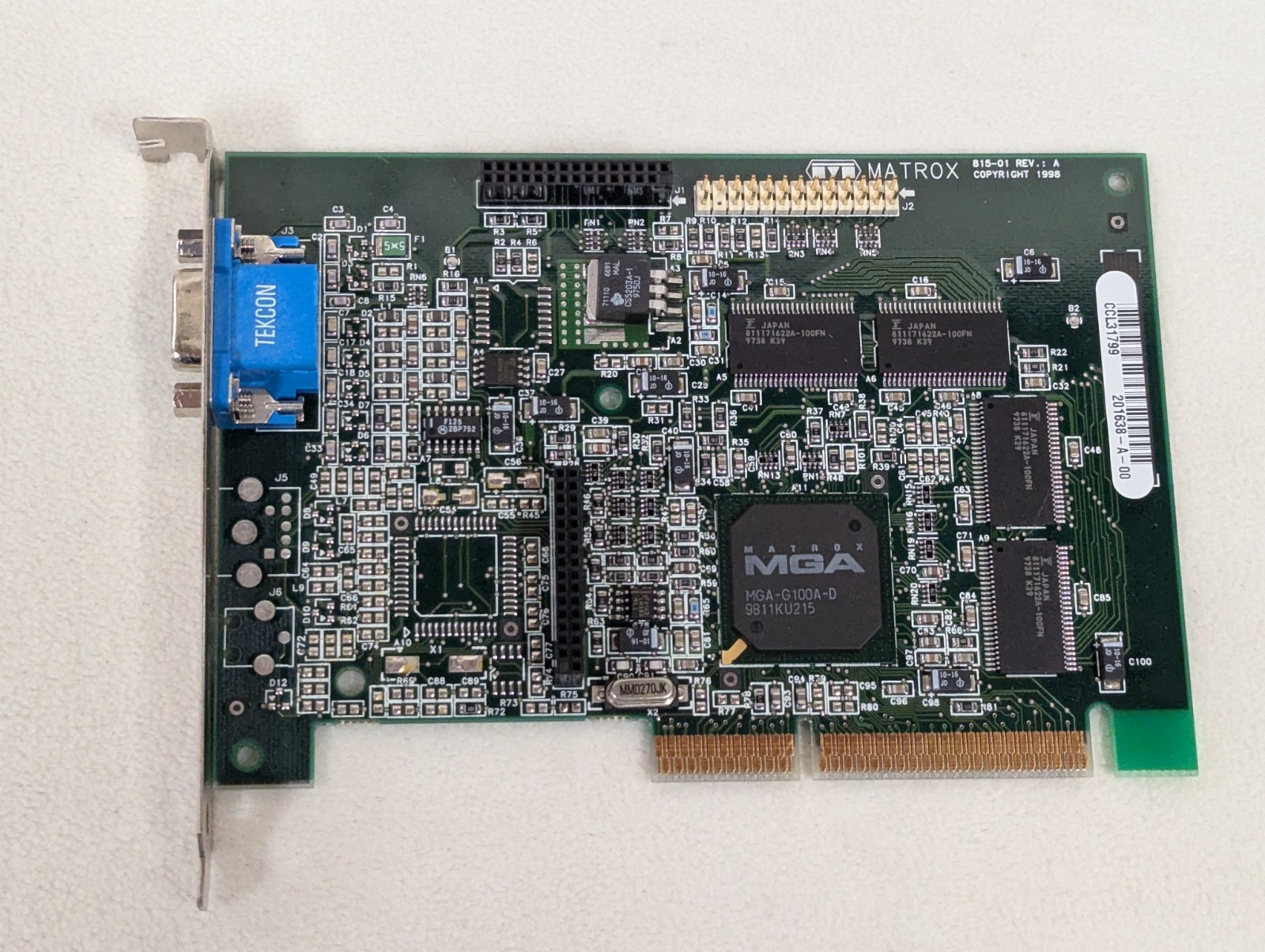 VINTAGE PC MATROX MGA 815-01 REV. A G+/PROA/8BN/20 AGP VGA VIDEO CARD