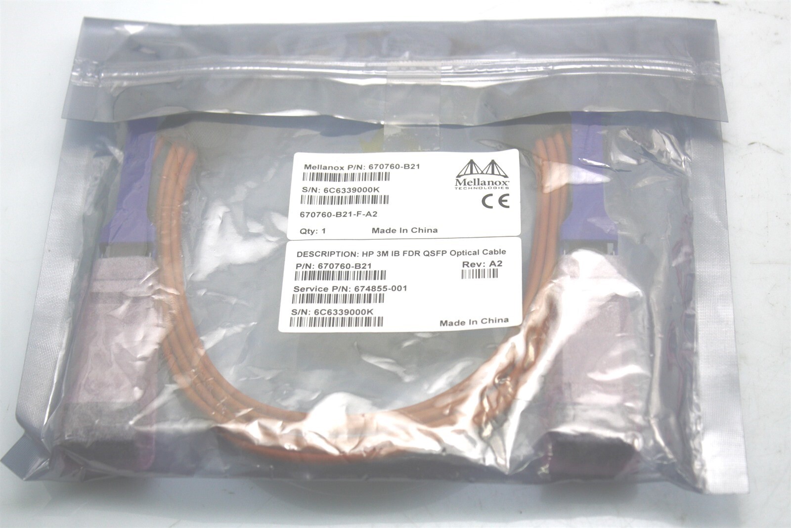 HP Mellanox 670760-B21 3M InfiniBand FDR Fiber Optical Cable Quad SFF QSFP 