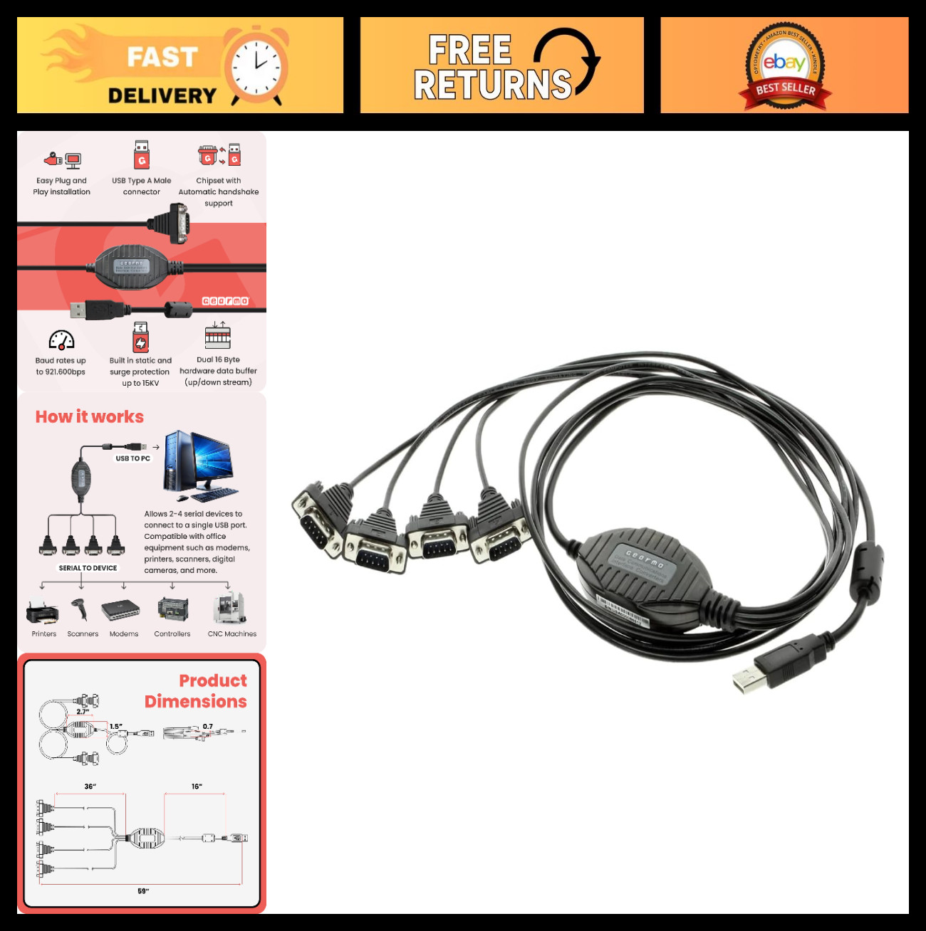 4-Port USB to RS232 Serial Adapter, FTDI Chip, Plug-and-Play, ESD Protection, 5f