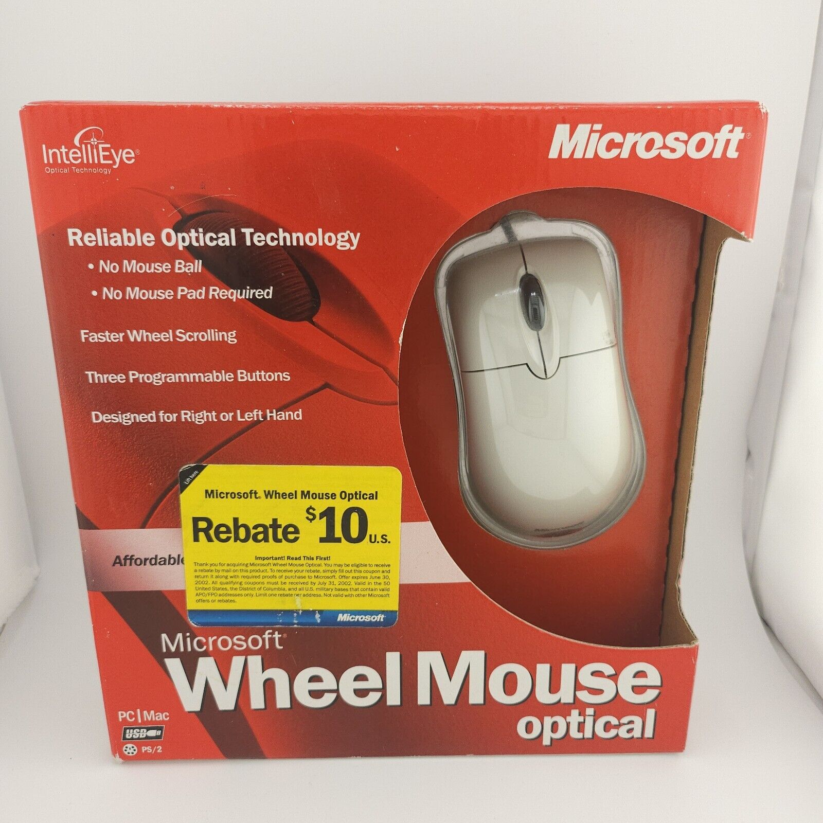 Vintage 2001 Microsoft Wheel Mouse Optical - White - Model X08-40764 New Sealed