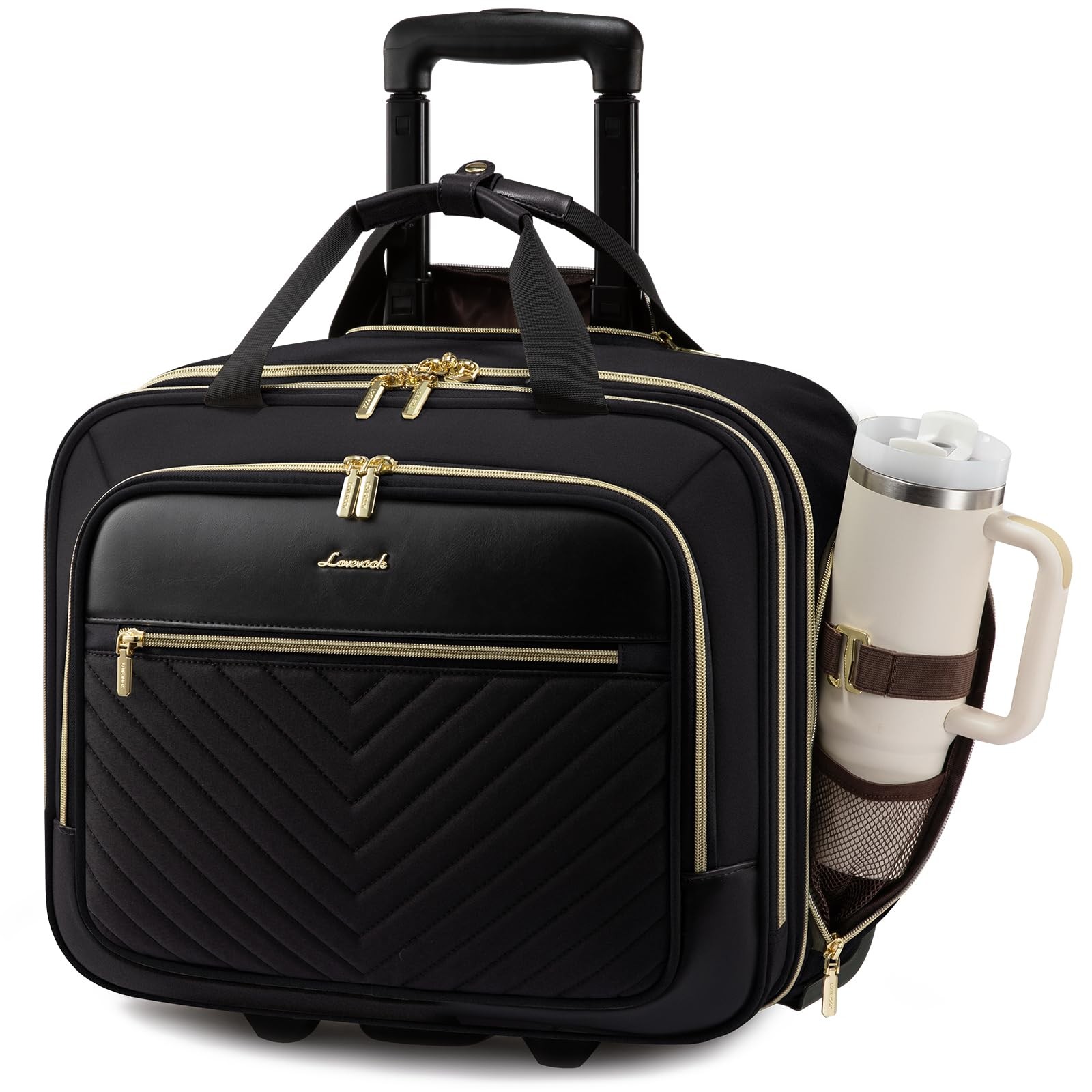 LOVEVOOK Rolling Laptop Bag for Women, Underseat 17" x 13" x 7.5", Black