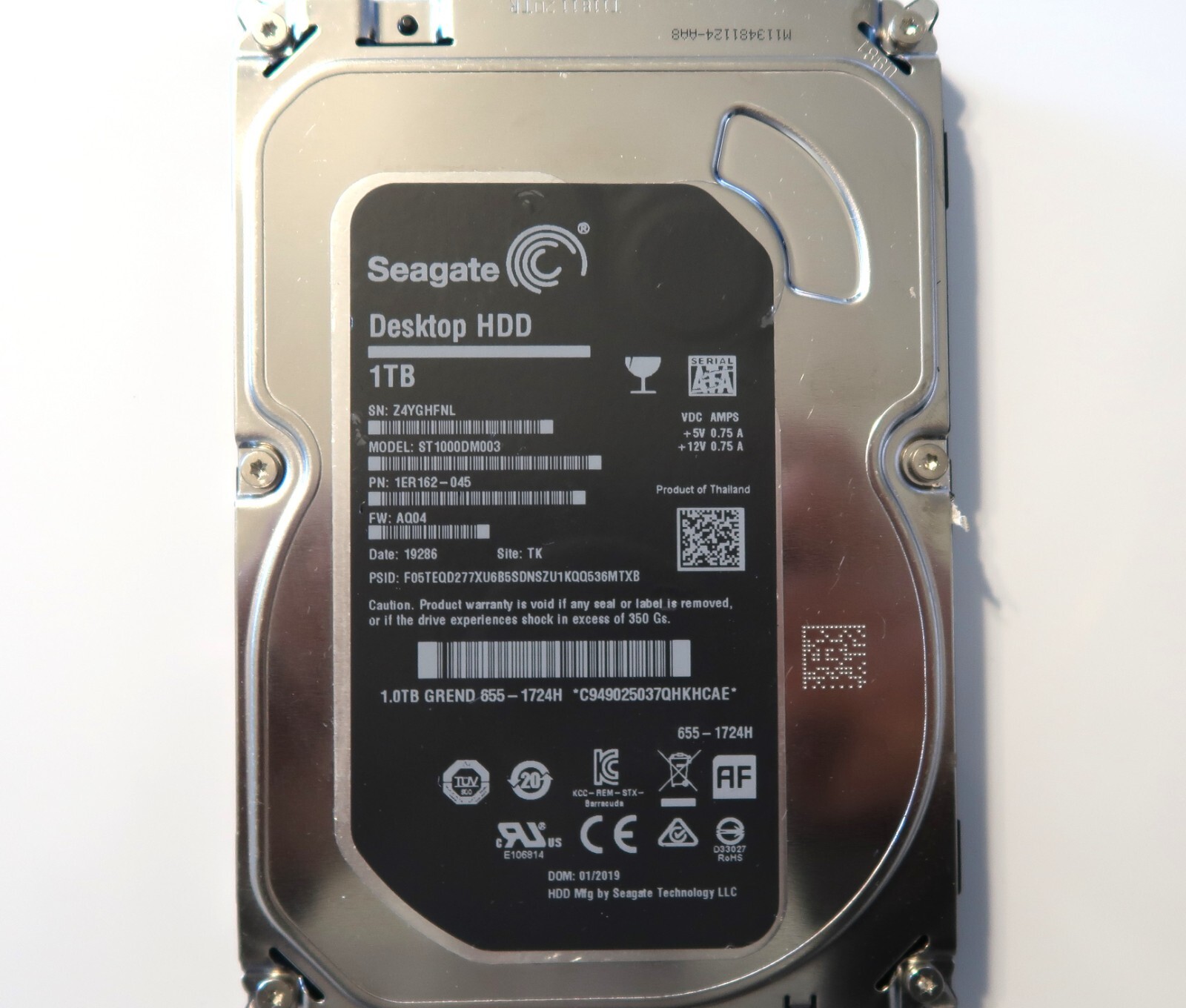 Seagate ST1000DM003 1ER162-045 FW:AQ04 TK Thailand (Z4Y) 1TB 3.5" Sata 01/2019