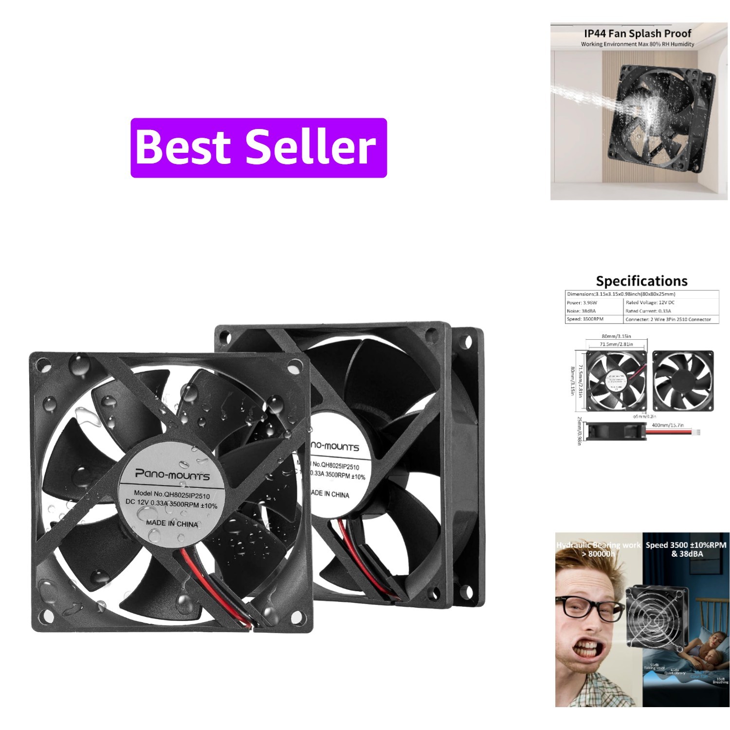80mm Moisture-Proof 12V High Airflow Cooling Fan 2Wire 3Pin 3500RPM 2-Pack