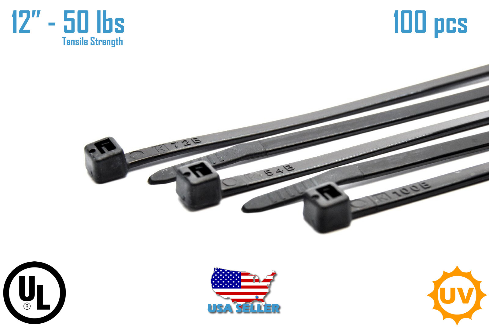 Cable Ties 12" Zip Nylon 100PCS Black Heavy Duty 50LBS UV Weather Resistant