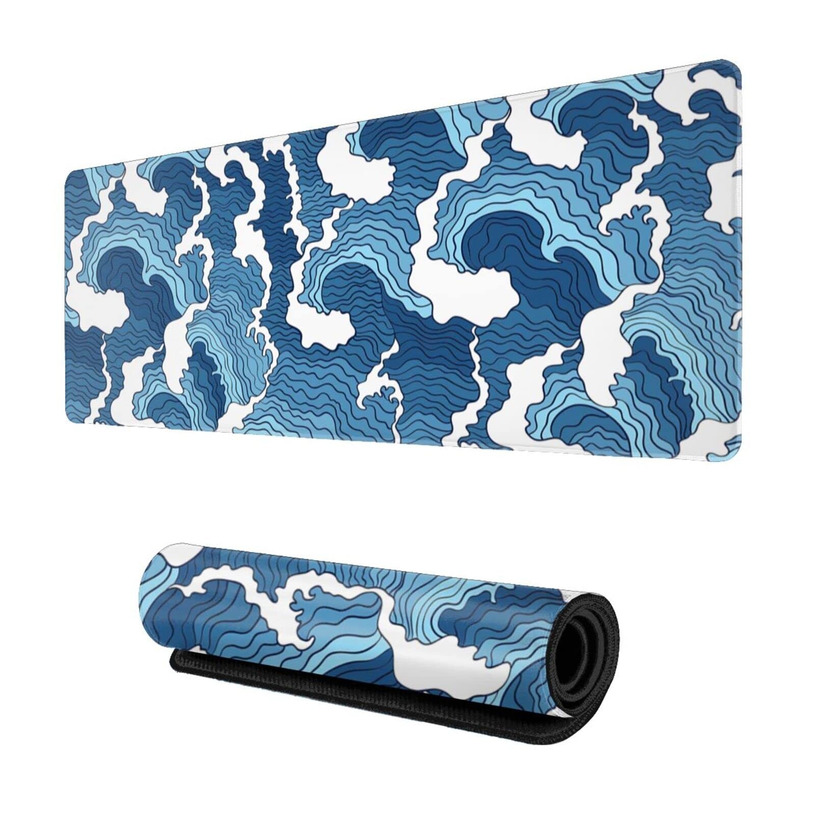 Japanese Wave Mouse Pad Blue and White Mouse Pad Gaming Large XXL Long Mousep...