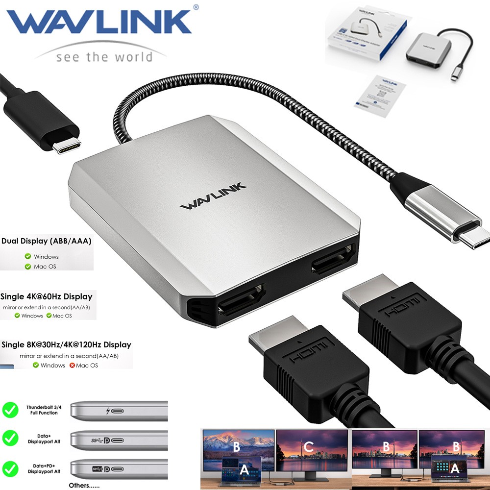WAVLINK USB C to HDMI Dual Display Adapter Single 8K@30Hz/4K@120Hz 95W PD 3-In-1