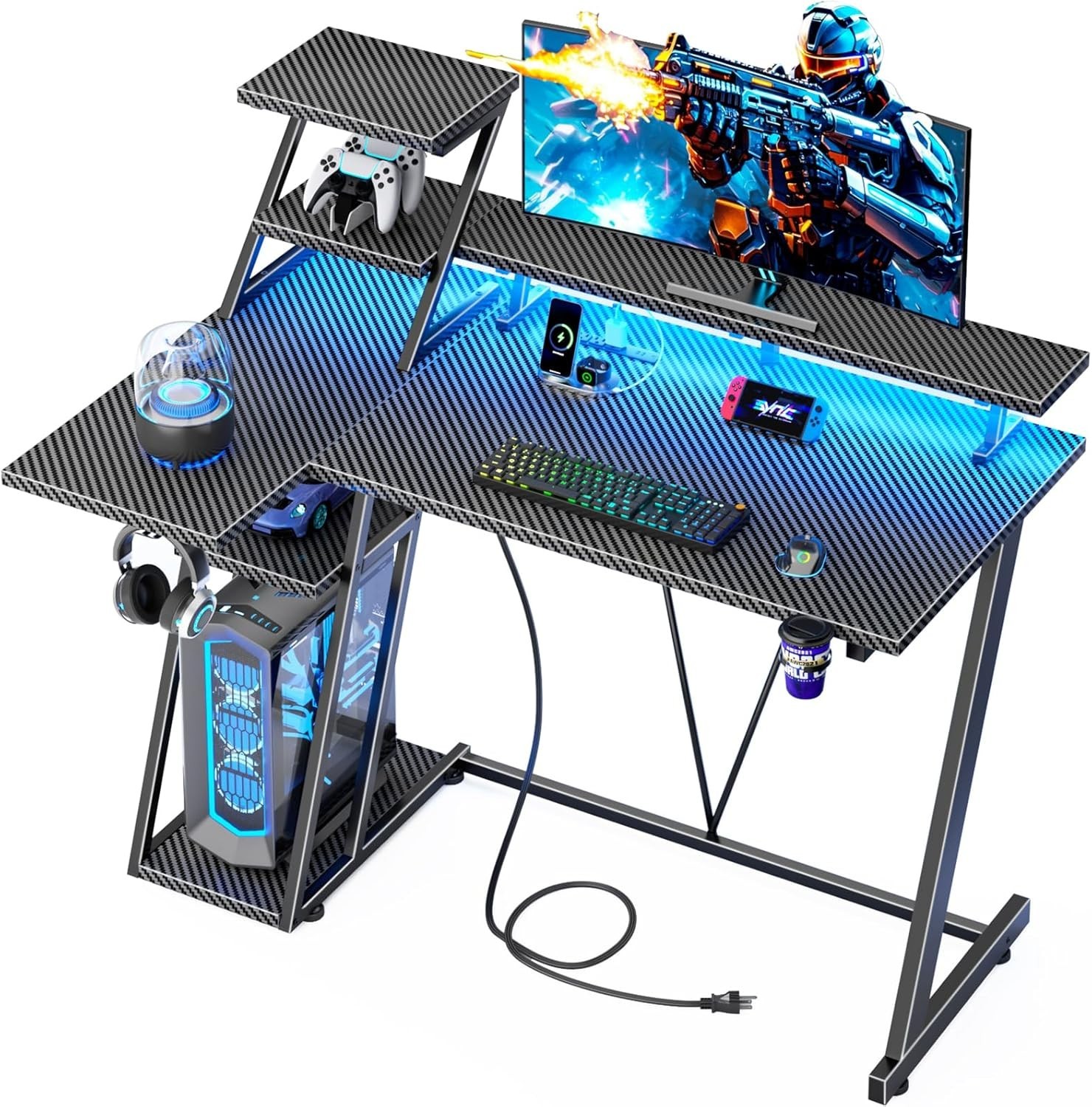 39 Inch Gaming Desk with LED Lights & Power Outlet, Small Gaming Computer Desk