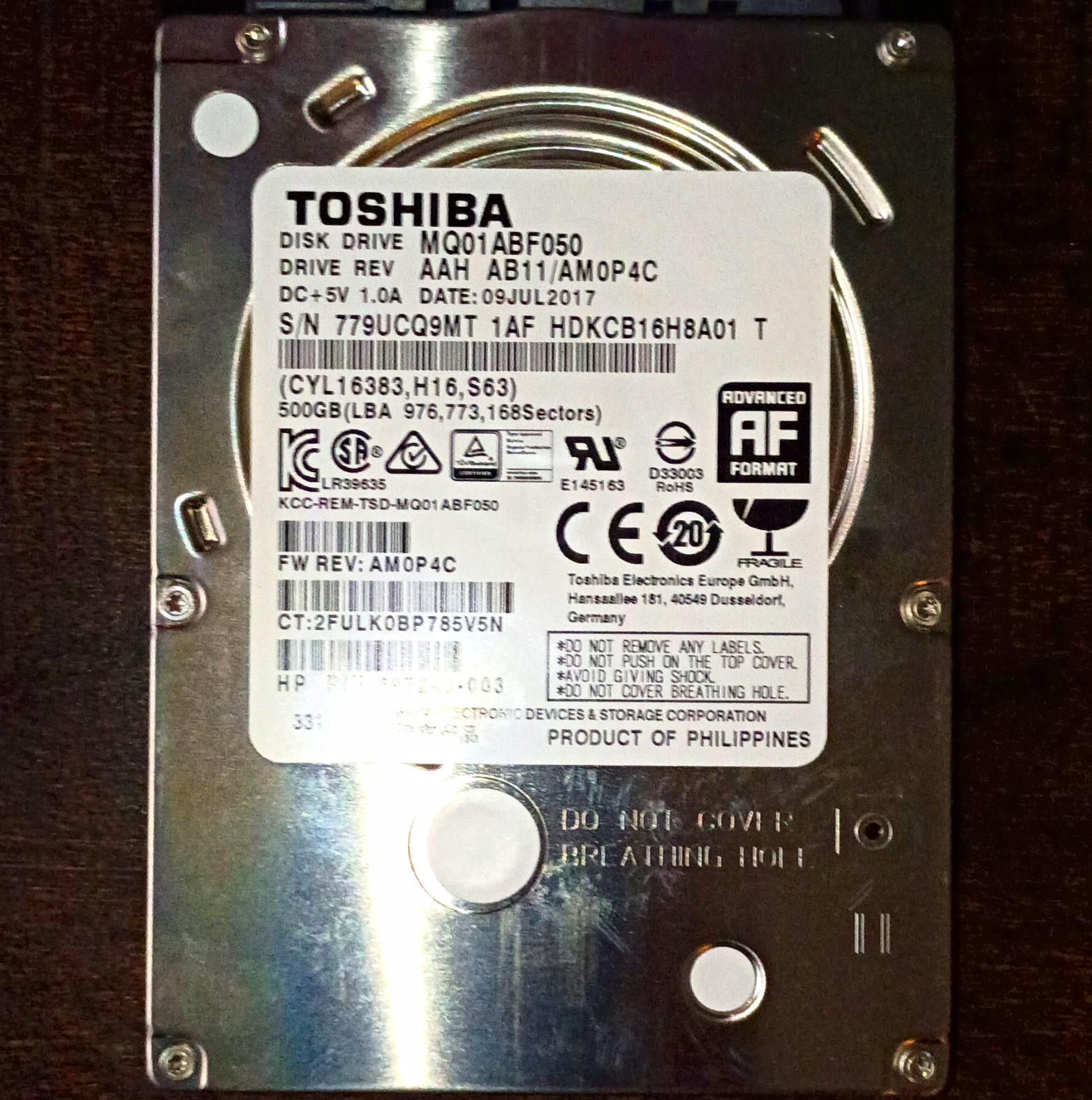 Toshiba 500GB 2.5" SATA 5400RPM Laptop HDD MQ01ABF050 8MB Adv Format 100 hours