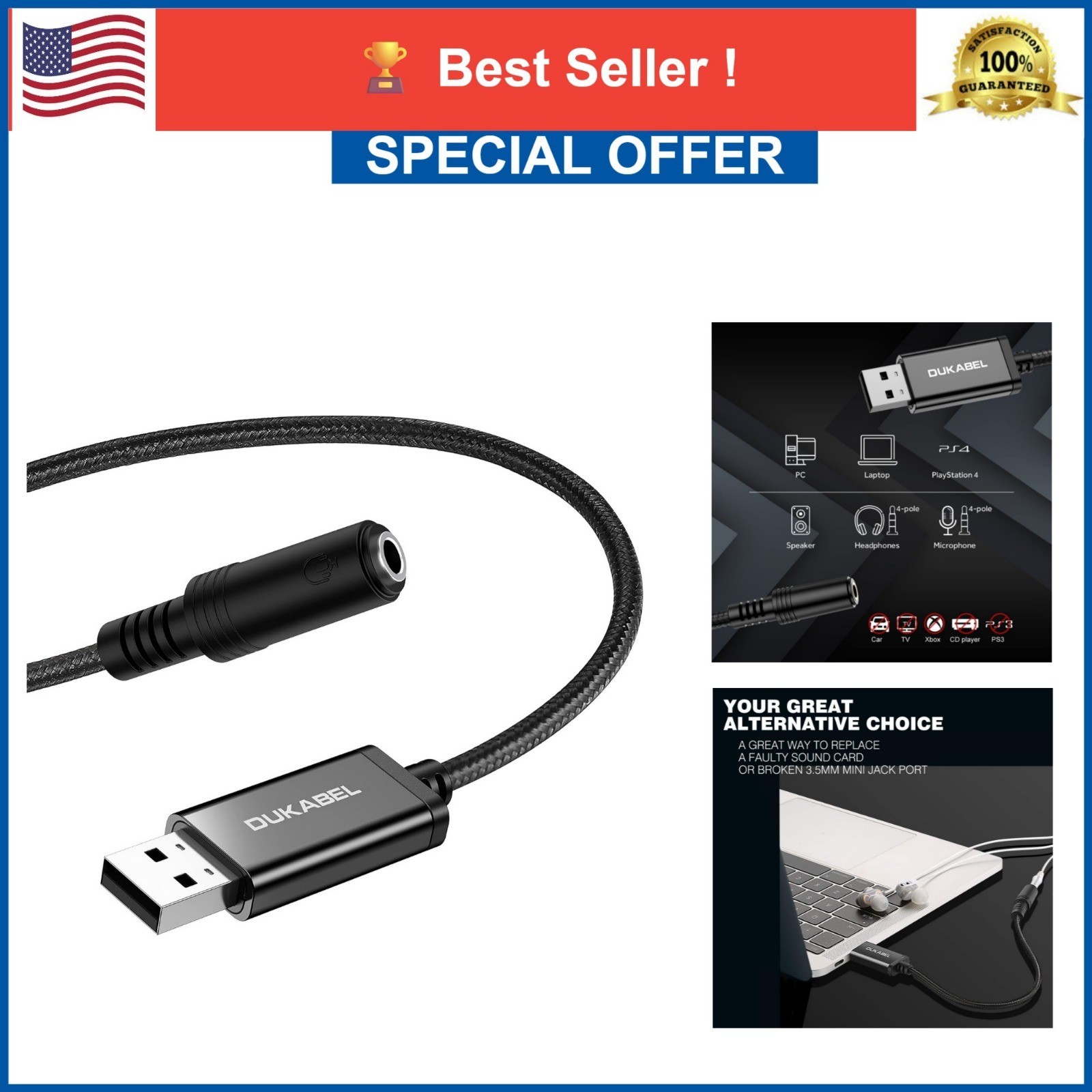 DUKABEL USB to 3.5mm Audio Adapter External Sound Card for PC PS4 PS5 Laptop