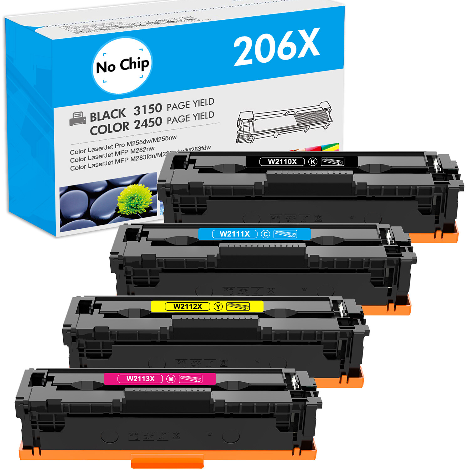 4PCS 206X W2110X Toner No Chip For HP LaserJet MFP M282nw M283fdw M283cdw