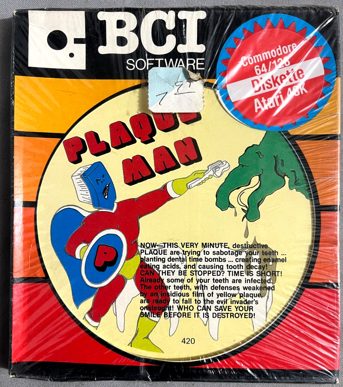NIB Plaque Man Commodore64/128|Atari48K flippy disk BCI Software 1985