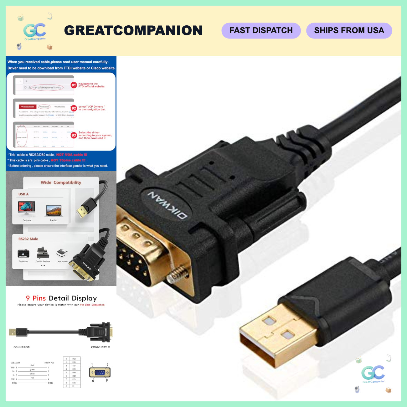 USB to RS232 Serial Adapter, FTDI Chip, USB 2.0 to DB9 Cable for Windows & Mac (