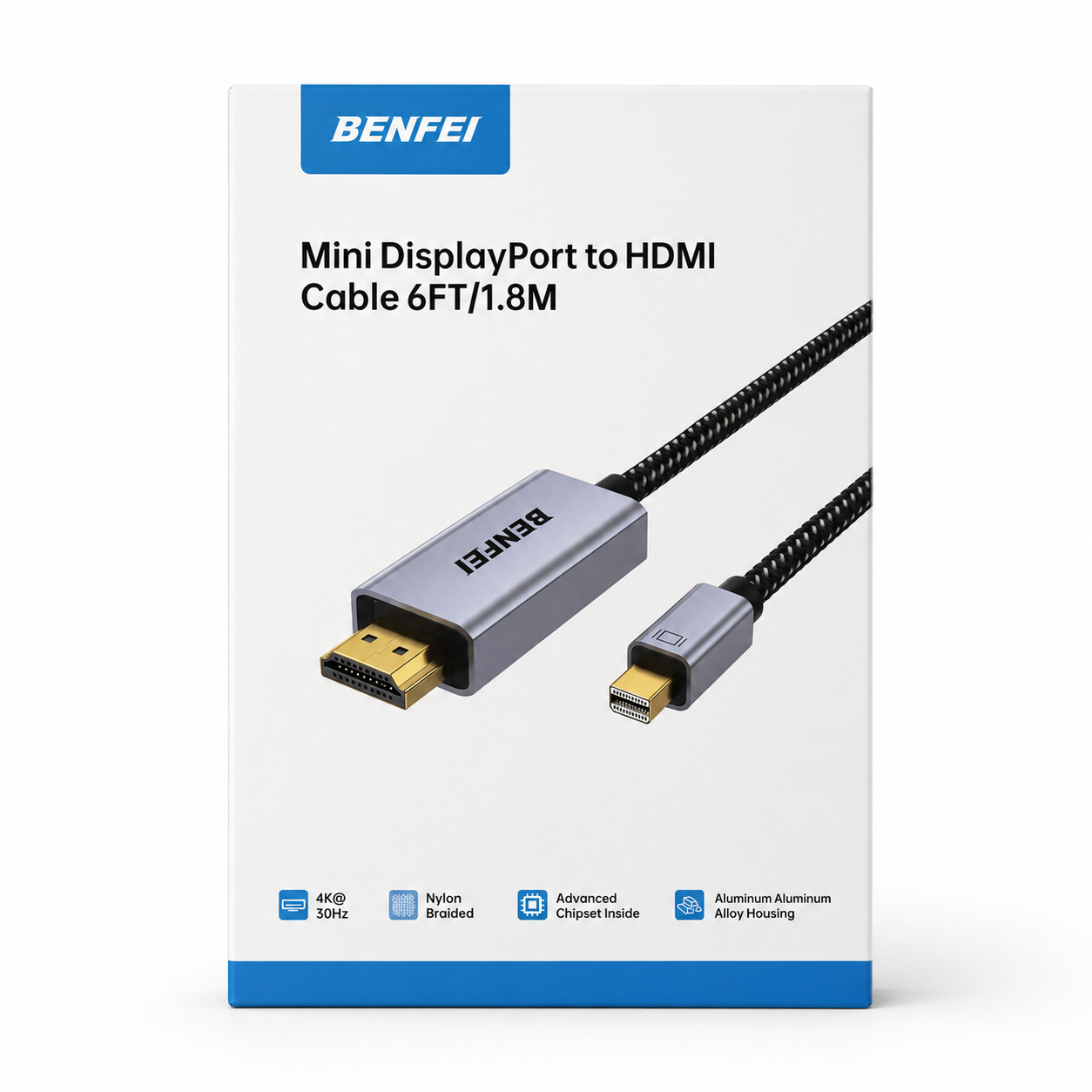 BENFEI Mini DisplayPort to HDMI Cable 6FT 1.8M 4K@30Hz Braided New Open Box