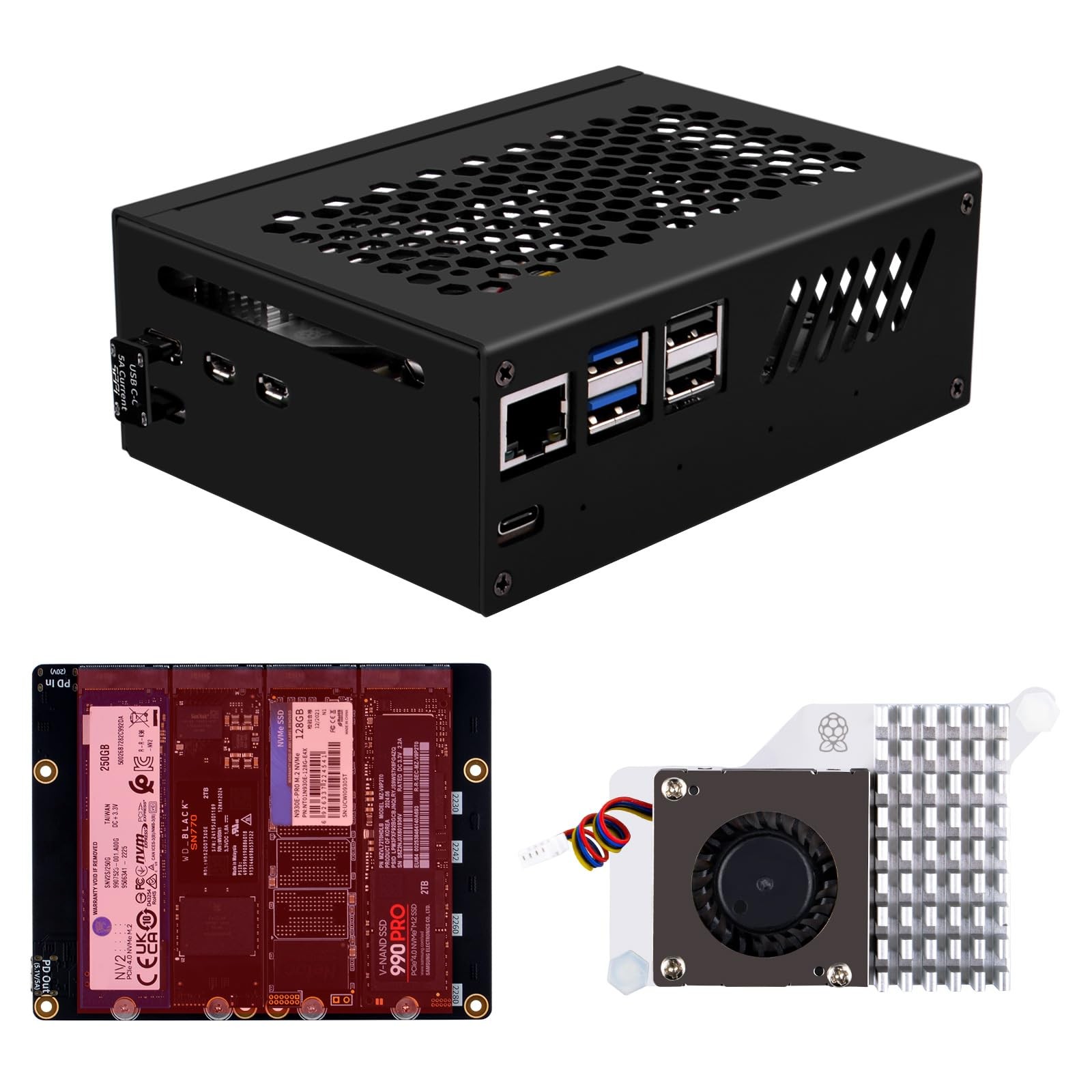 N16 Quad M.2 M-Key NVMe SSD HAT with Metal Case & Active Cooler for Raspberry...