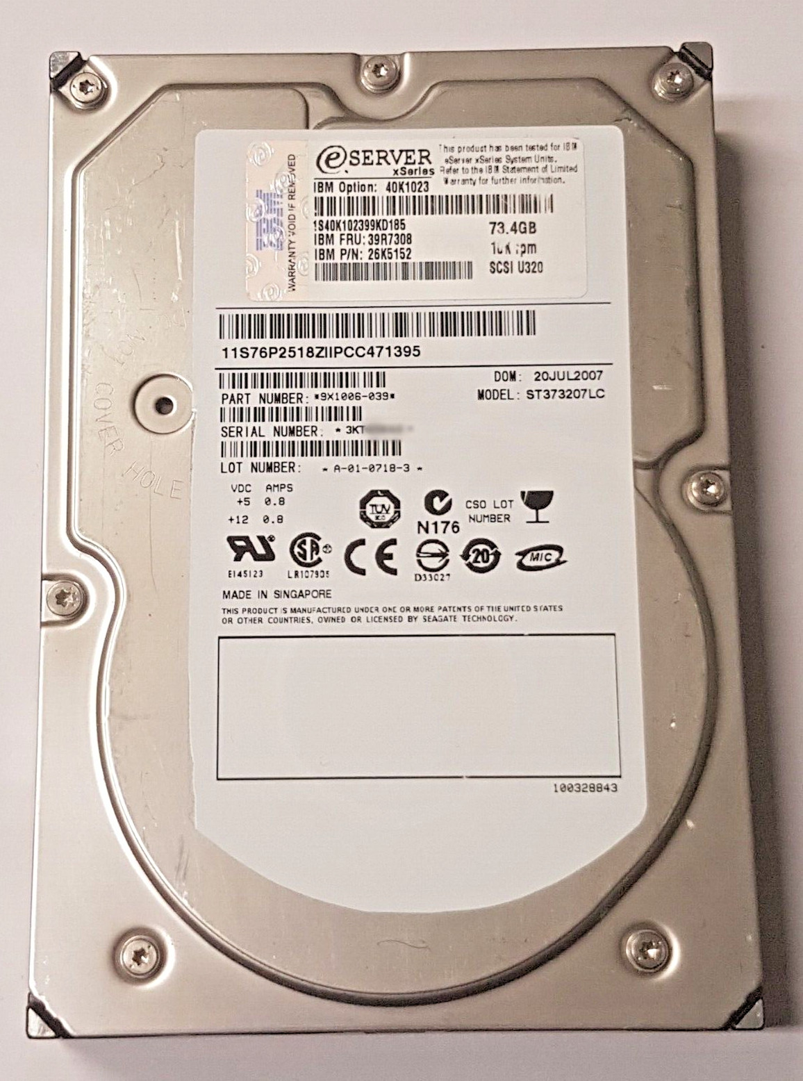 73.4GB IBM xSeries 40K1023 ST373207LC 10K RPM U320 SCSI 80pin 3.5" Hard Drive