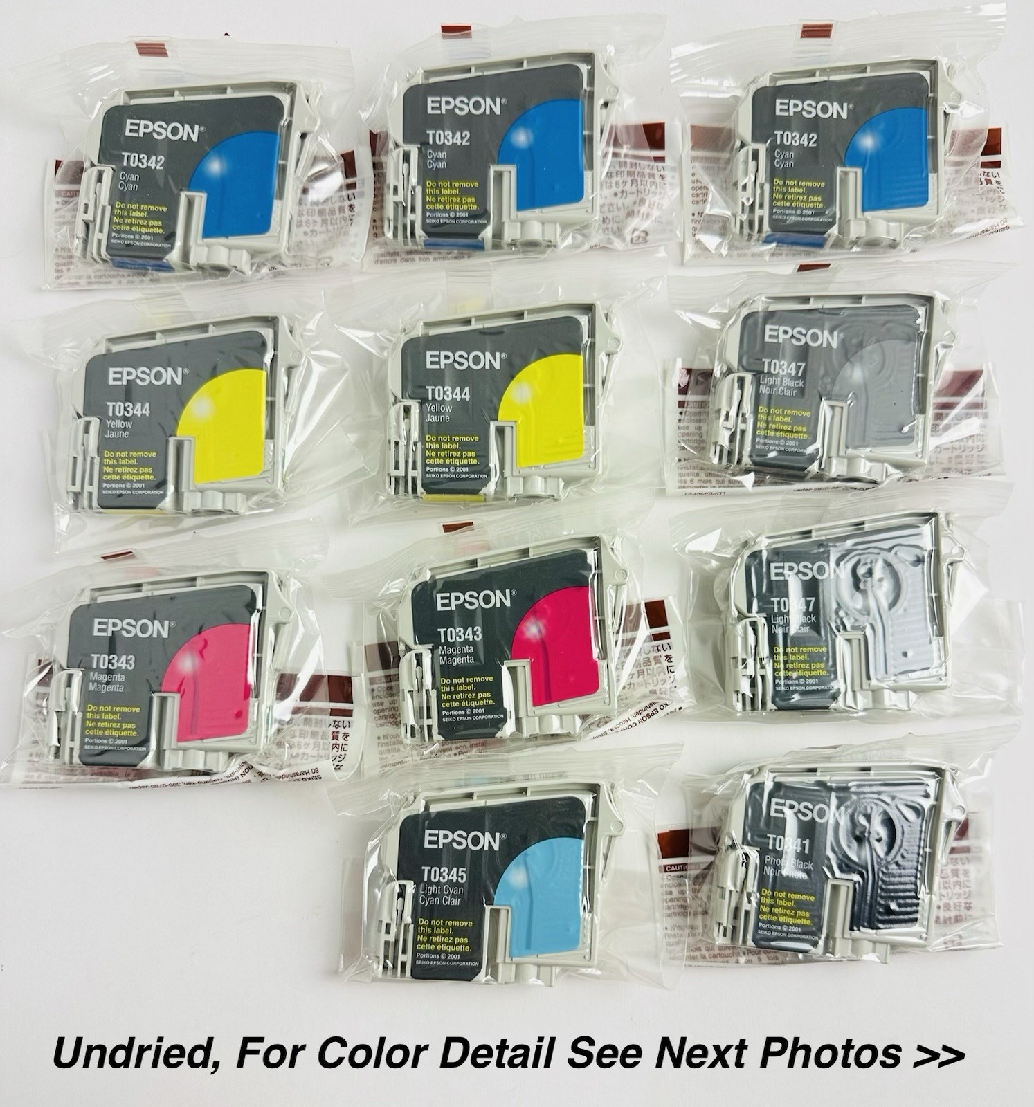 Lot Of 11, EPSON, T0341-T0342-T0343-T0344-T0345-T0347-Cartridges, EXP 2001