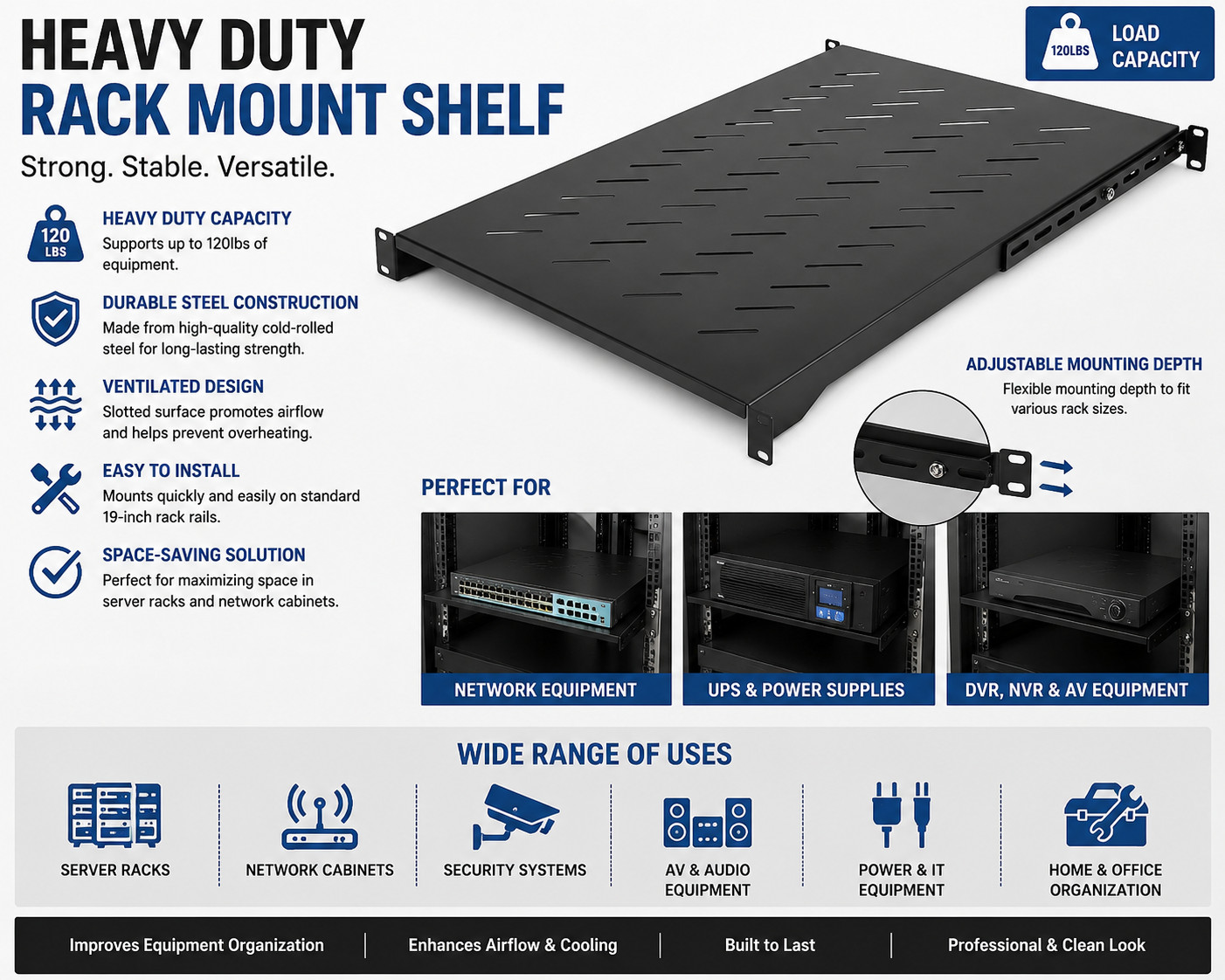 1U 4-Post Vented Rack Shelf, 28-34.4in, 150lb (ADJSHELFV-Rack) | Adjustable dept