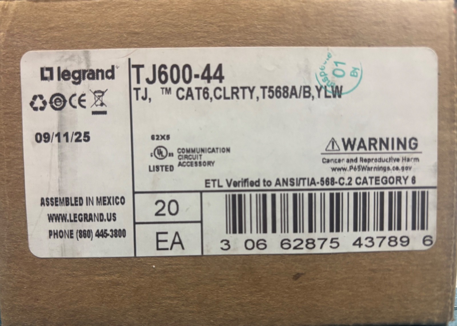 Legrand TJ600-44 Yellow Data Jacks Box of 20