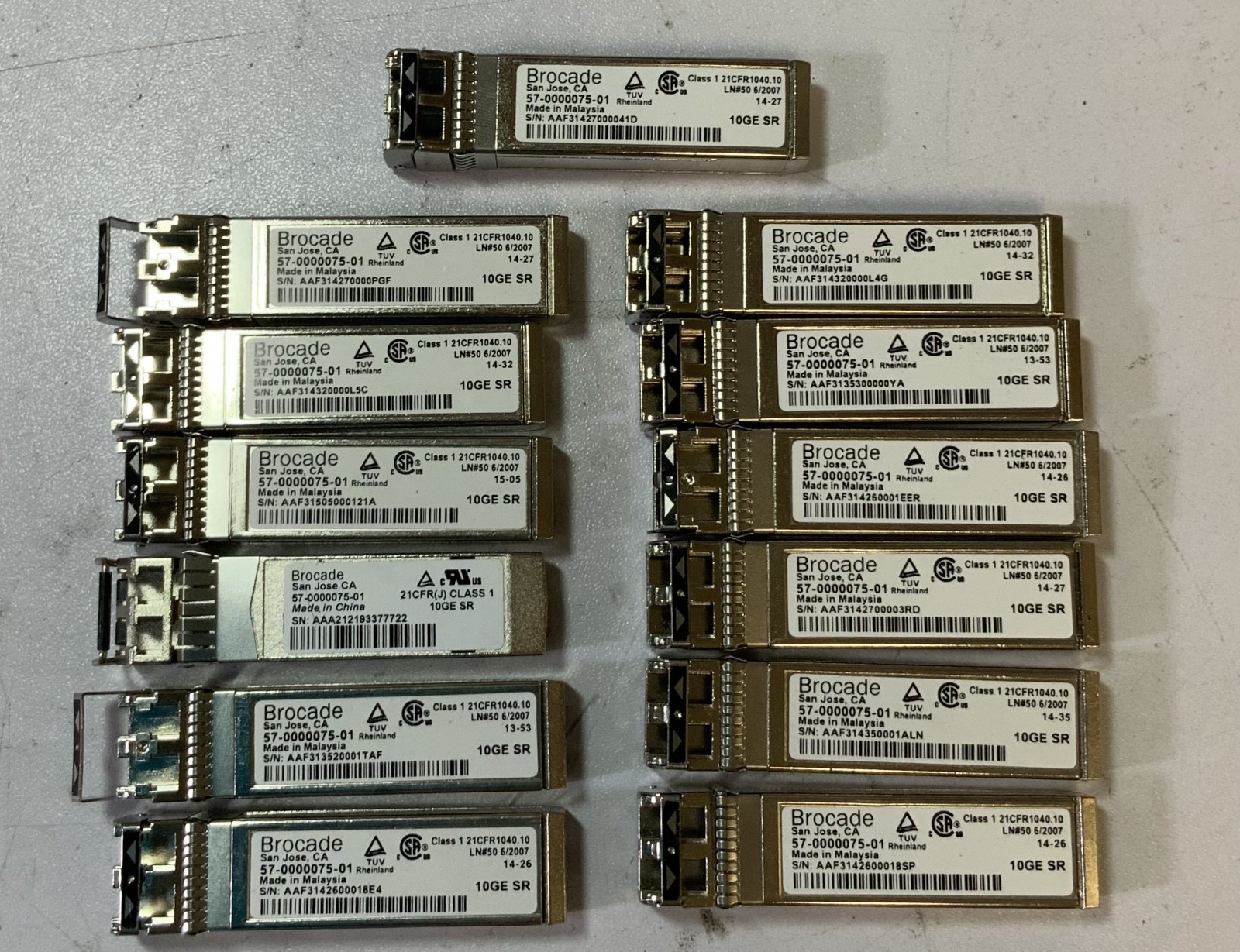 (Lot of 13) Brocade 57-0000075-01 10GE SR SFP+ Optical Network Transceiver "M4B"