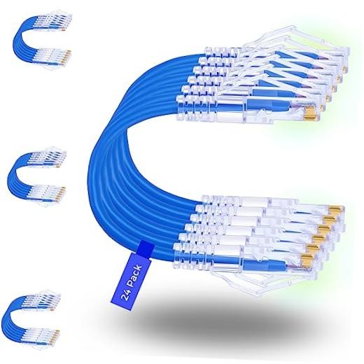 Rapink Patch Cables Cat6/ Cat6a 1ft (24 Pack) Slim, Cat6a Ethernet 1FT Blue