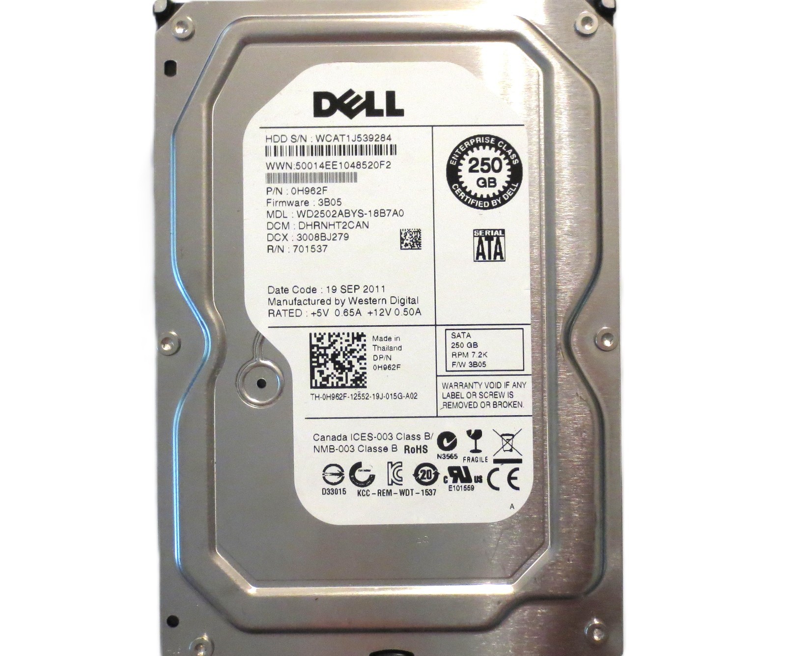 WD2502ABYS-18B7A0 DHRNHT2CAN 0H962F 3B05 (WCAT) Thailand 250gb Sata HDD SEP2011
