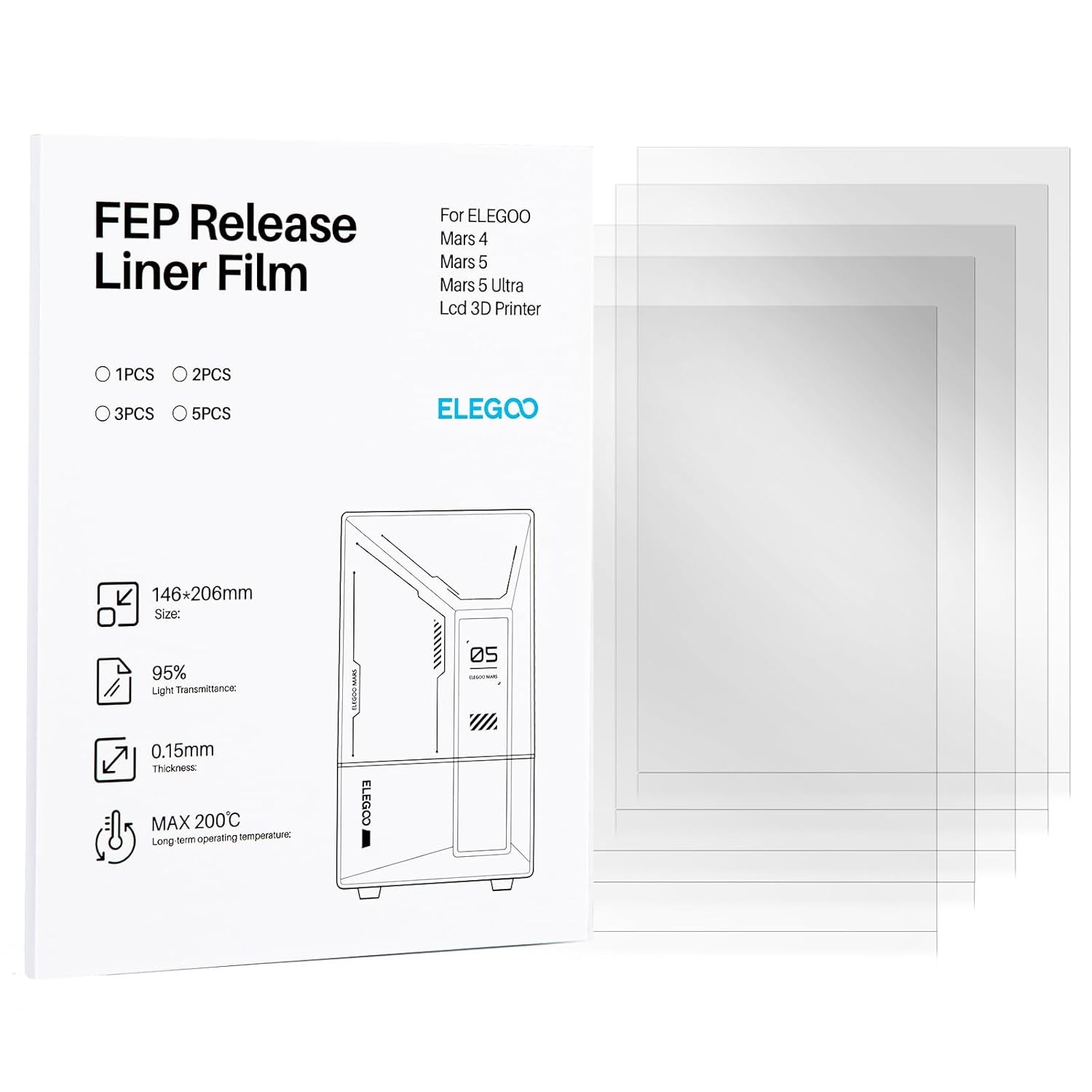 ELEGOO 5PCS FEP Release Film for Mars 4 & Mars 5 & Mars 5 Ultra Resin 3D Printer