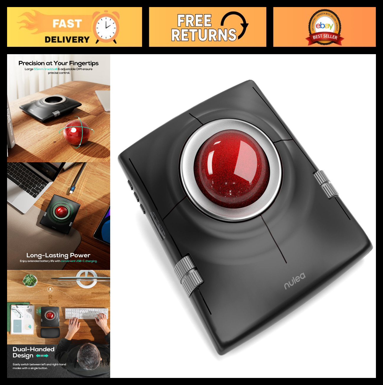 Ergonomic Wireless Trackball Mouse - Rechargeable, Ambidextrous, Bluetooth, Smoo