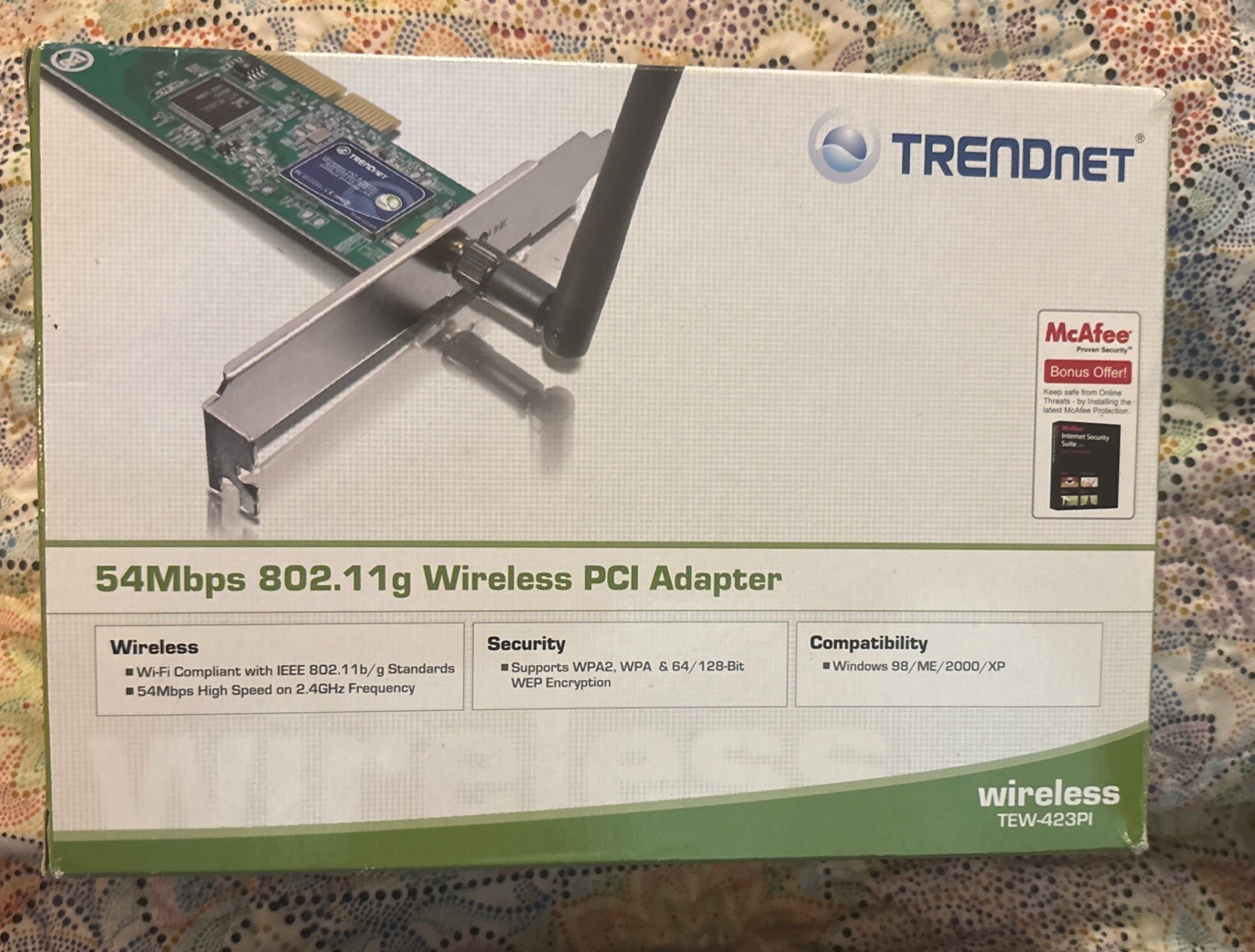 TRENDnet 54Mbps WirelessPCI Adapter 802.11b/g 2.4GHz 64/128-Bit New TEW 423PI