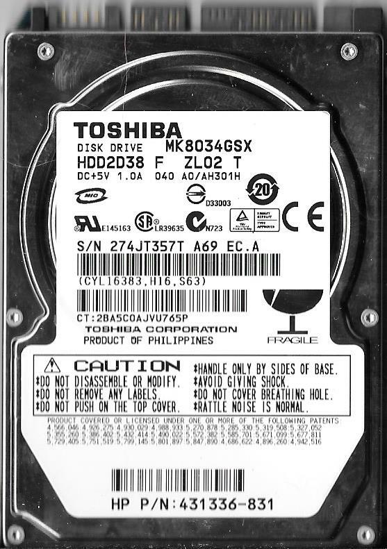 Toshiba MK8034GSX HDD2D38 F ZL02 T 80GB Sata Hard Drive