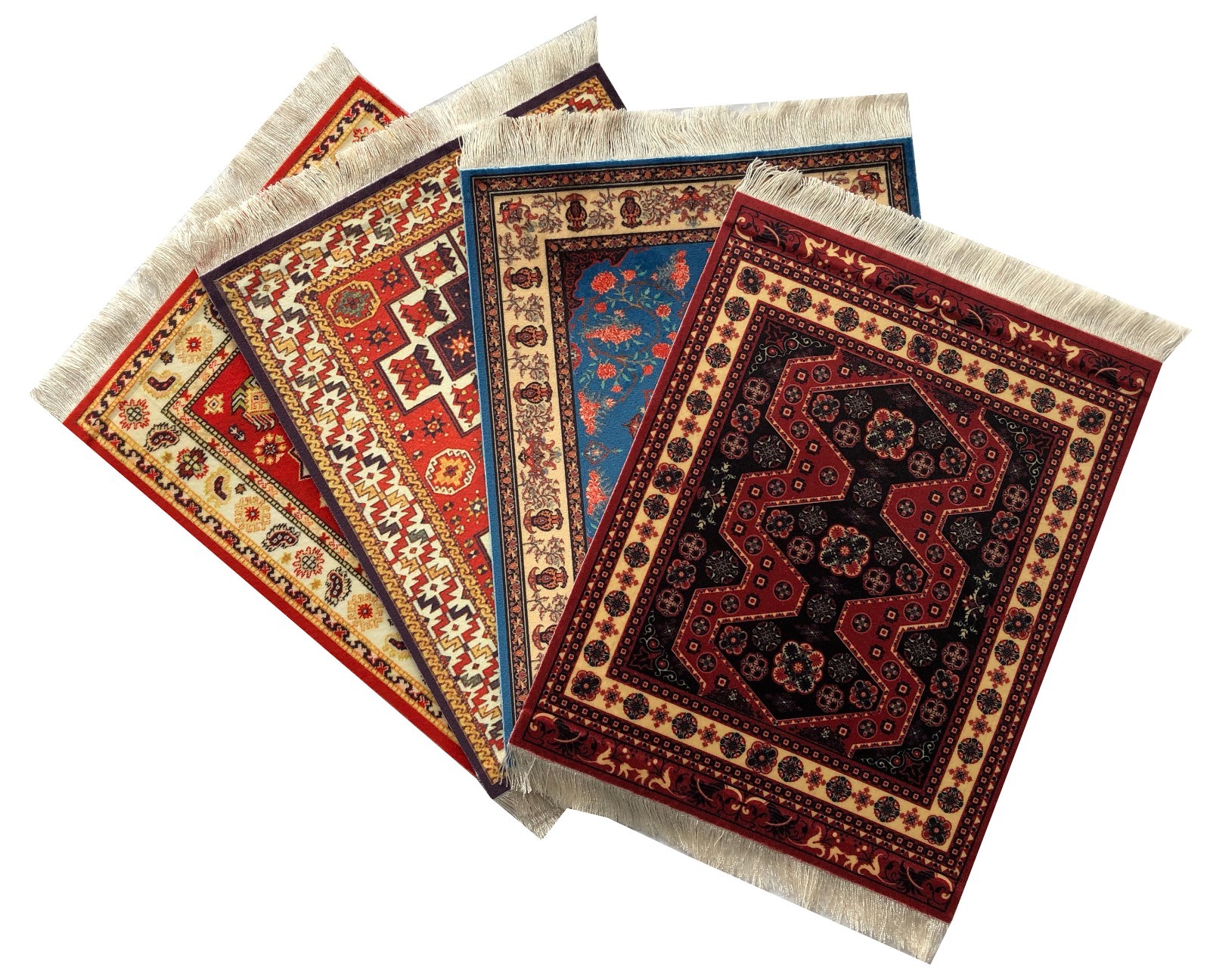 Set of 4 Mini Carpet Mouse Pads Oriental Turkish Rug Style Desk Mats w/ Fringe