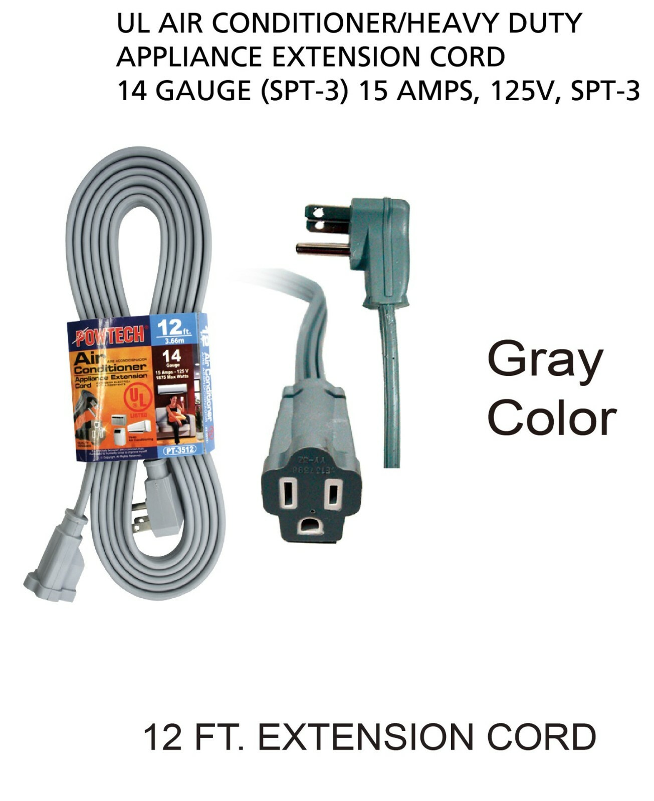 12ft Heavy Duty Appliance AC Power Electric Extension Cord 14 Gauge 15A UL Gray