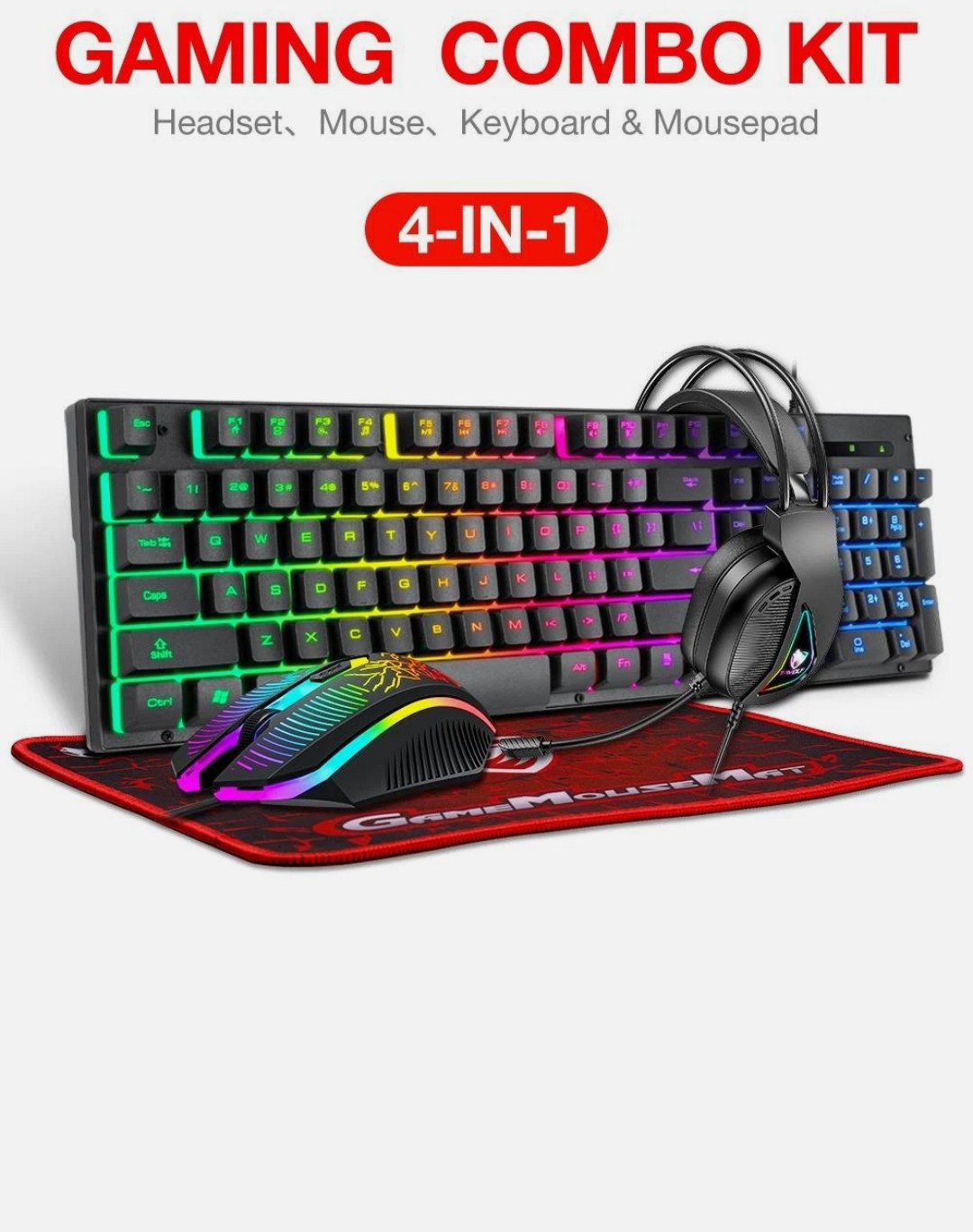 T-WOLF TF800 4-in-1 RGB Gaming Combo Keyboard Mouse Headset Mouse Pad Kit
