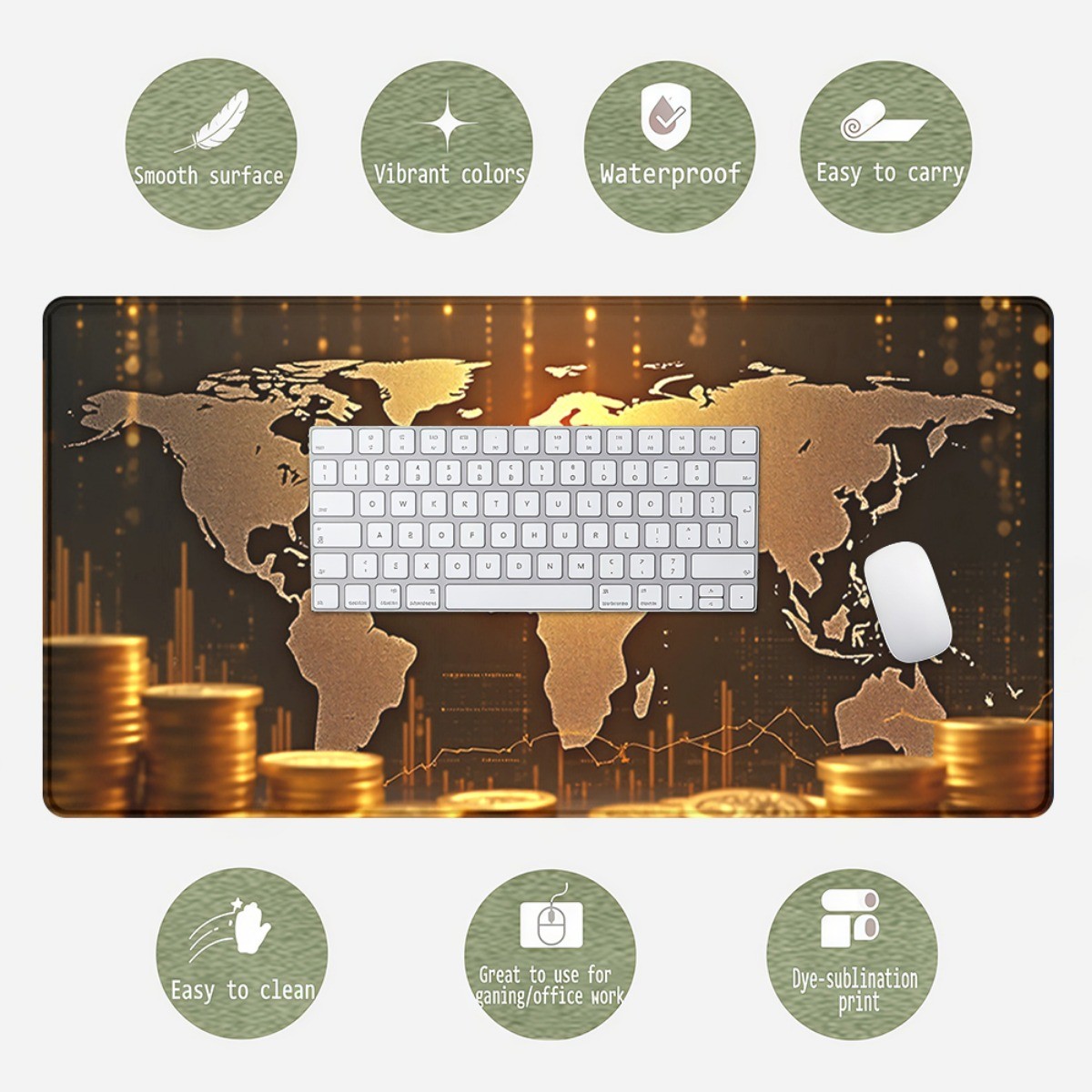 1, Luxury Golden World Map And Bitcoin Coin Design Mouse Pad - Non-Slip Rubber