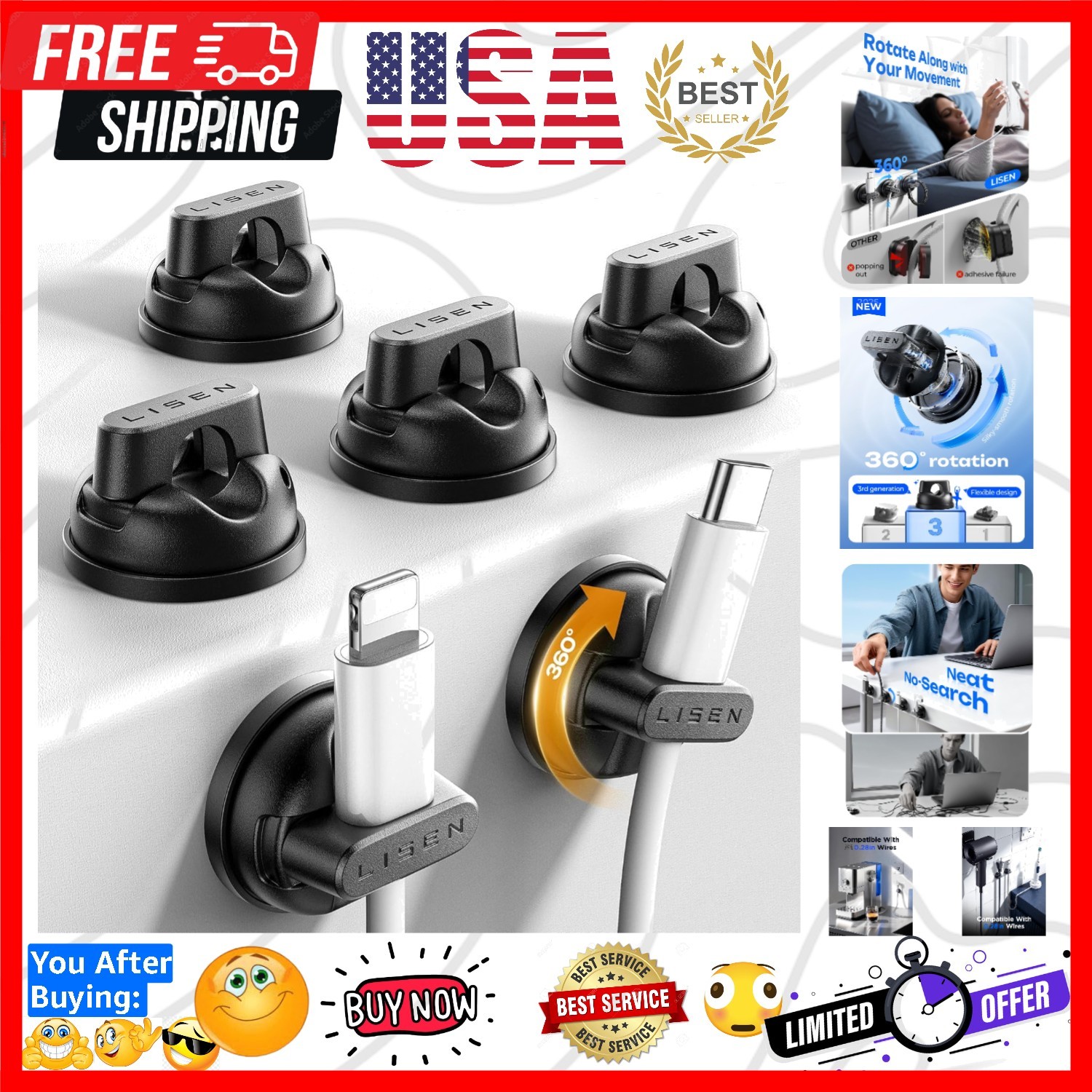 6-Pack 360°Rotating Cord Holder for Nightstand, Magnetic Clips