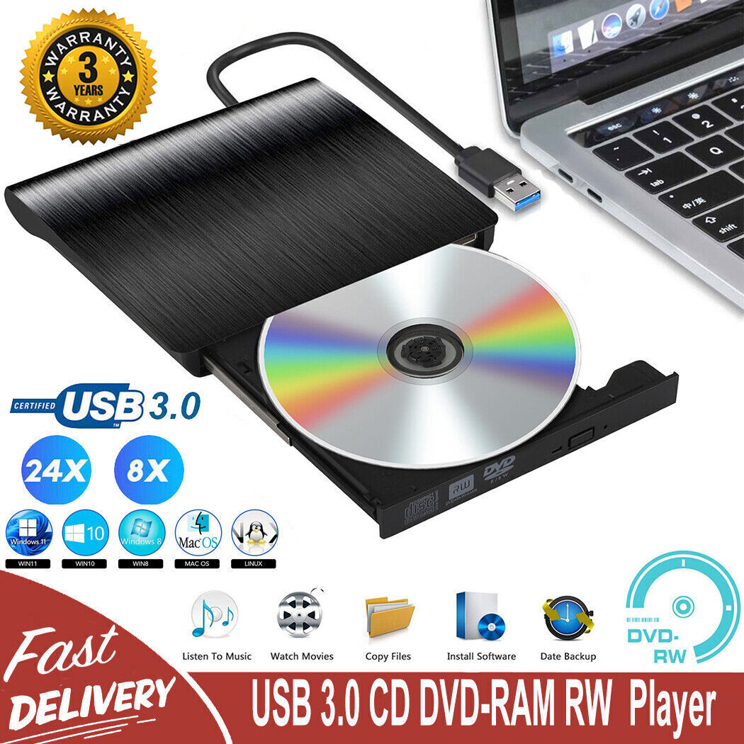 Slim External CD/DVD Drive USB 3.0 Player Burner Reader for Laptop PC Mac HP US