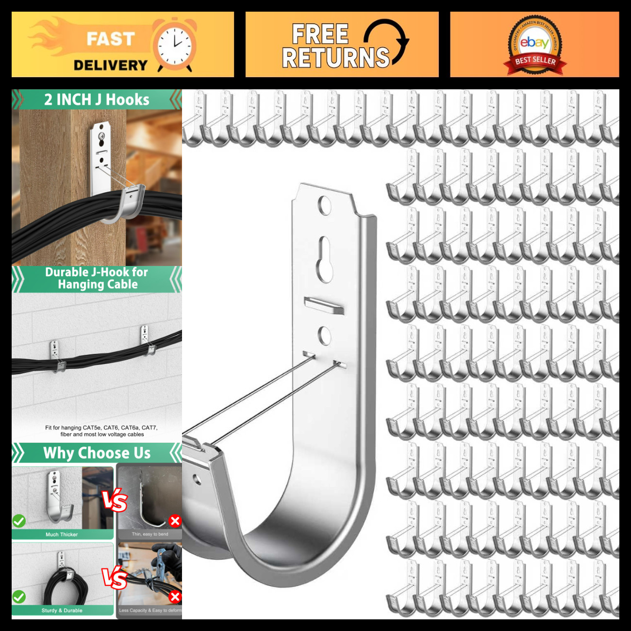 100 Pack 2" Cable Support J Hook Wall Mount Clips, Galvanized Steel for Cable Ma