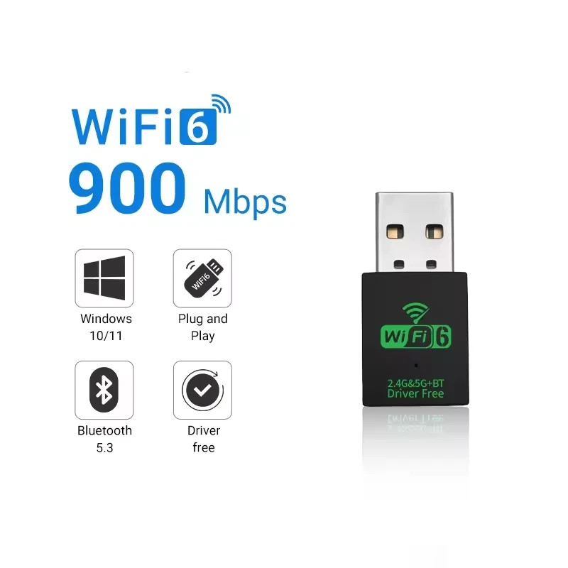 USB WiFi-6 900Mbps 2 in 1 Dongle 2.4G 5GHz Dual Band & BT 5.4 Win10,11 
