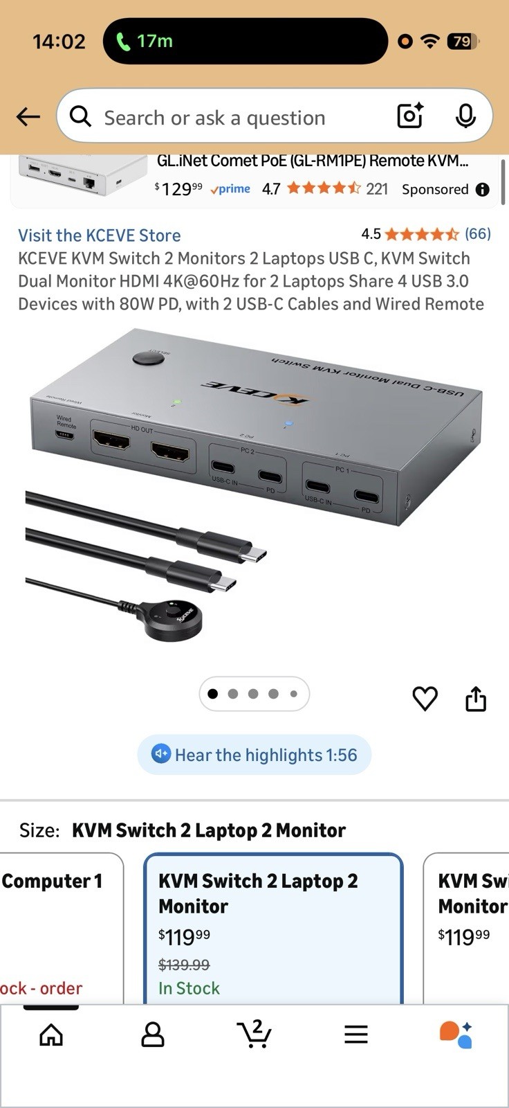 KCEVE USB-C KVM Switch Dual HDMI 2 Laptops 2 Monitors 4K@60Hz Wired Remote