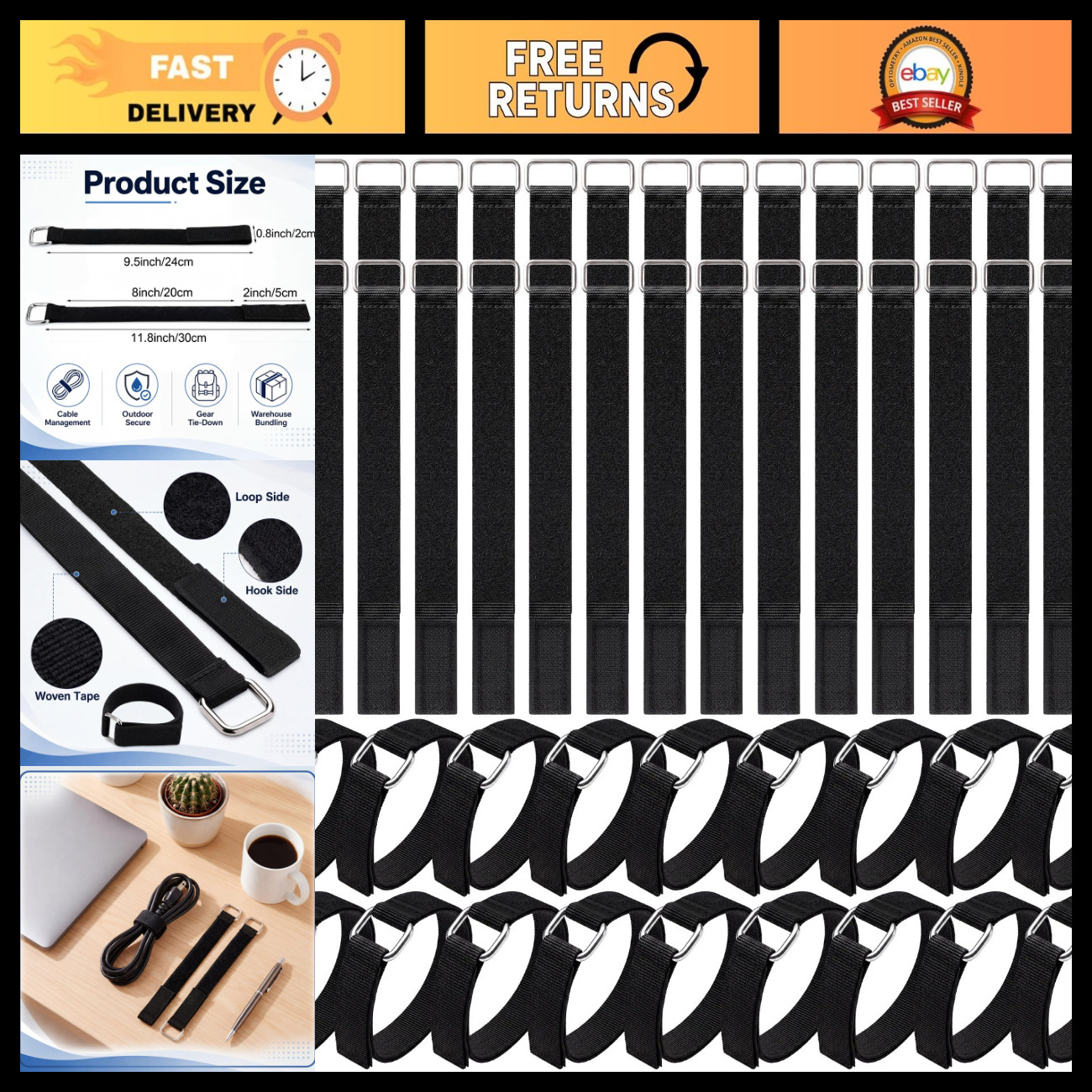 50 Pack 12" Reusable Cable Ties - Heavy-Duty Fastening Straps for Organization