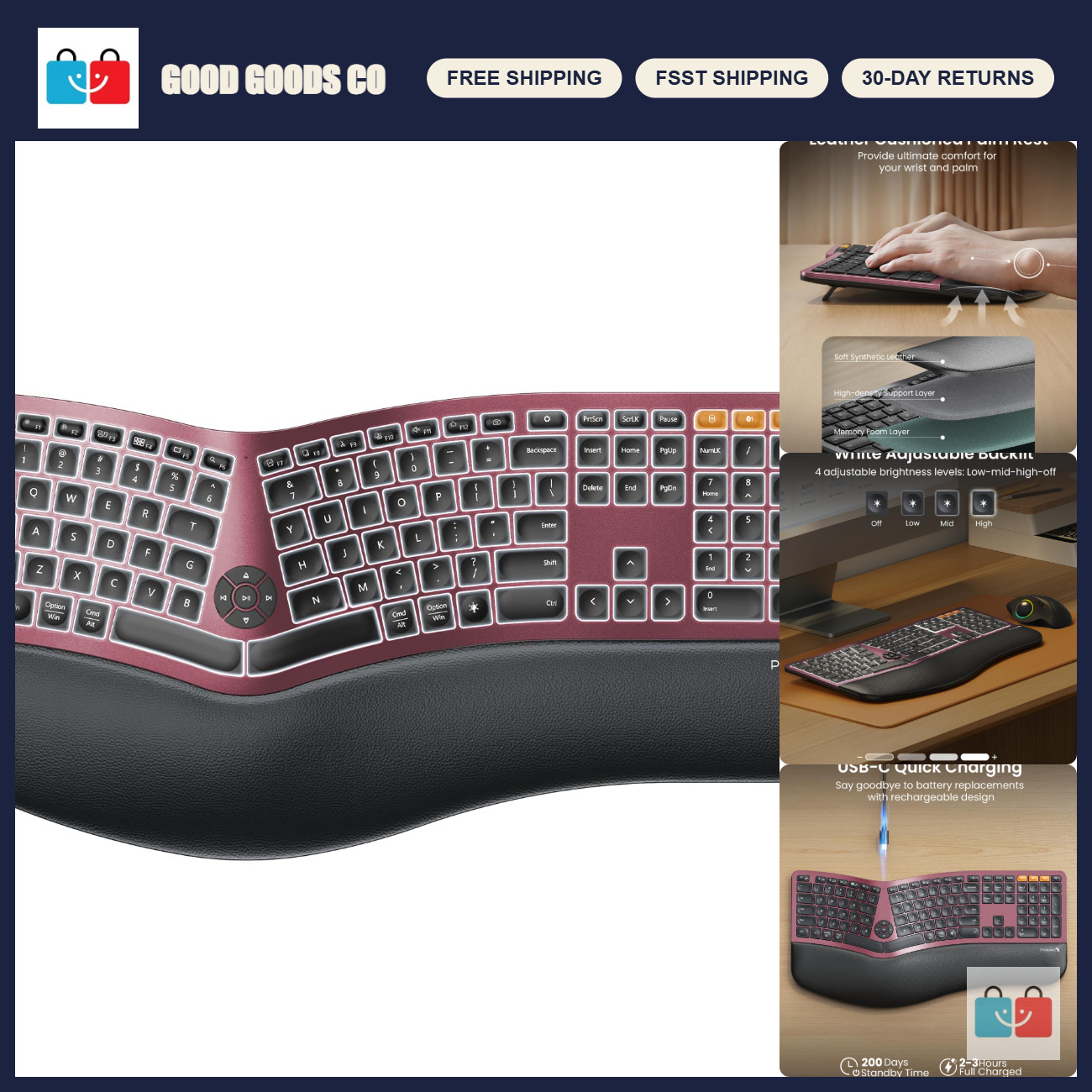 Backlit Bluetooth Ergonomic Full Size Keyboard - Wireless, Red LED Lights