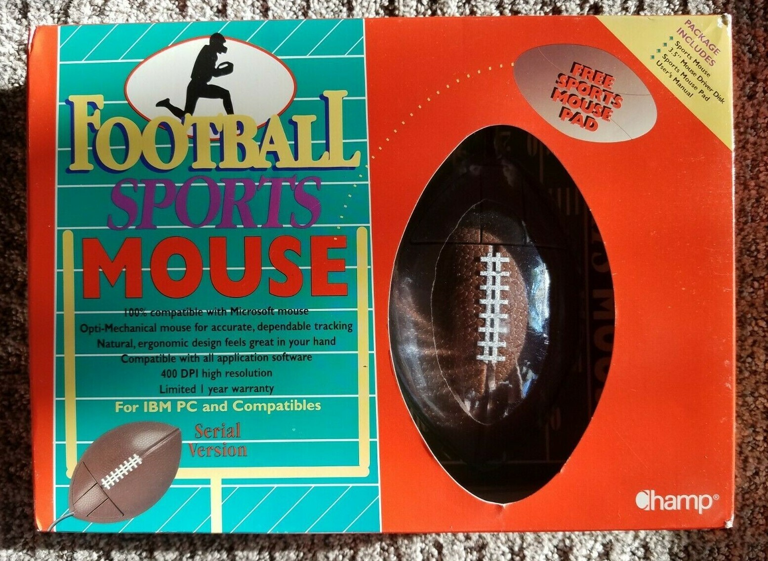 Vintage Football Sports Mouse For IBM PC Serial Version plus football field pad