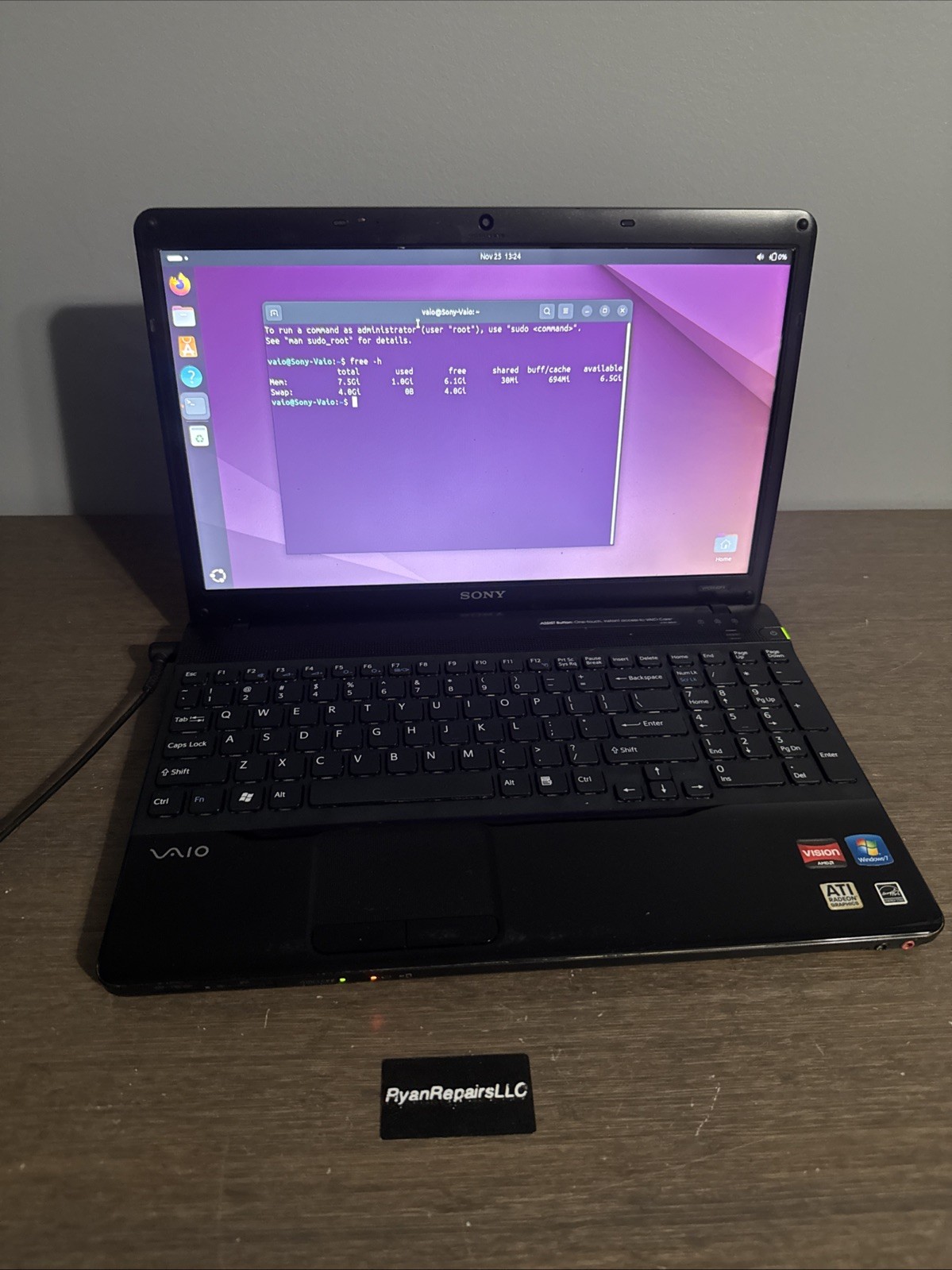 Sony Vaio PCG-61611L Laptop 15.6" Ubuntu 8gb ram with power cable