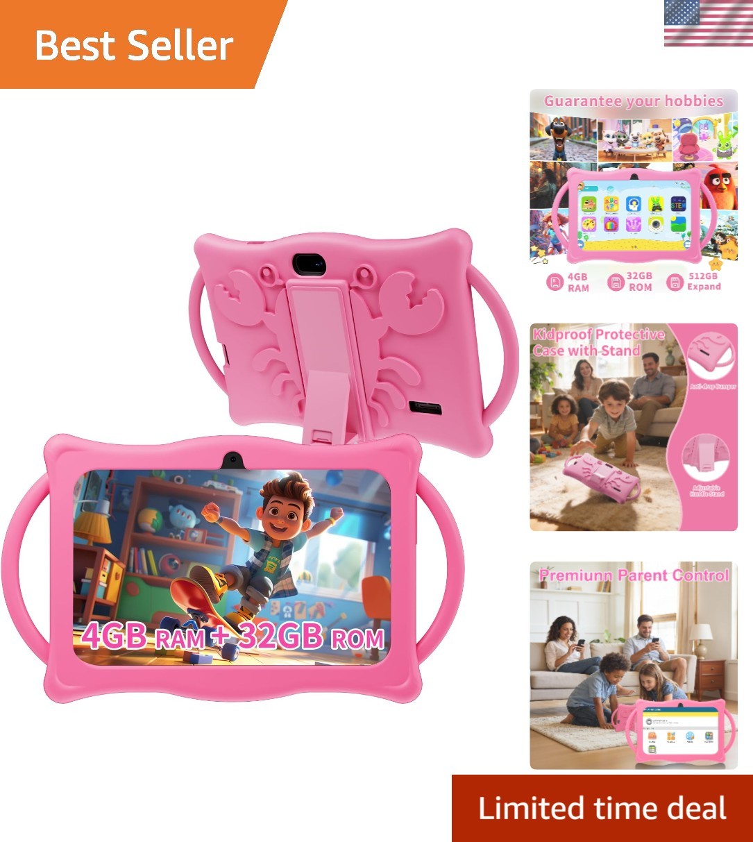 Kids Tablet 7'' Android 12 for Kids 4GB+32GB Parental Control Educational Games