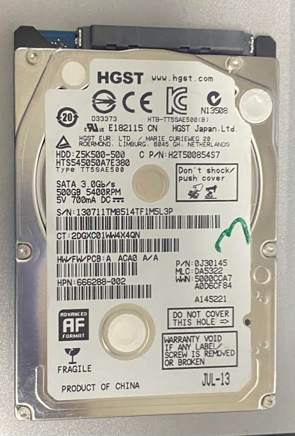 HGST Hitachi 500GB HTS545050A7E380 2.5" SLIM SATA HDD 0J30145 DA5322 2013