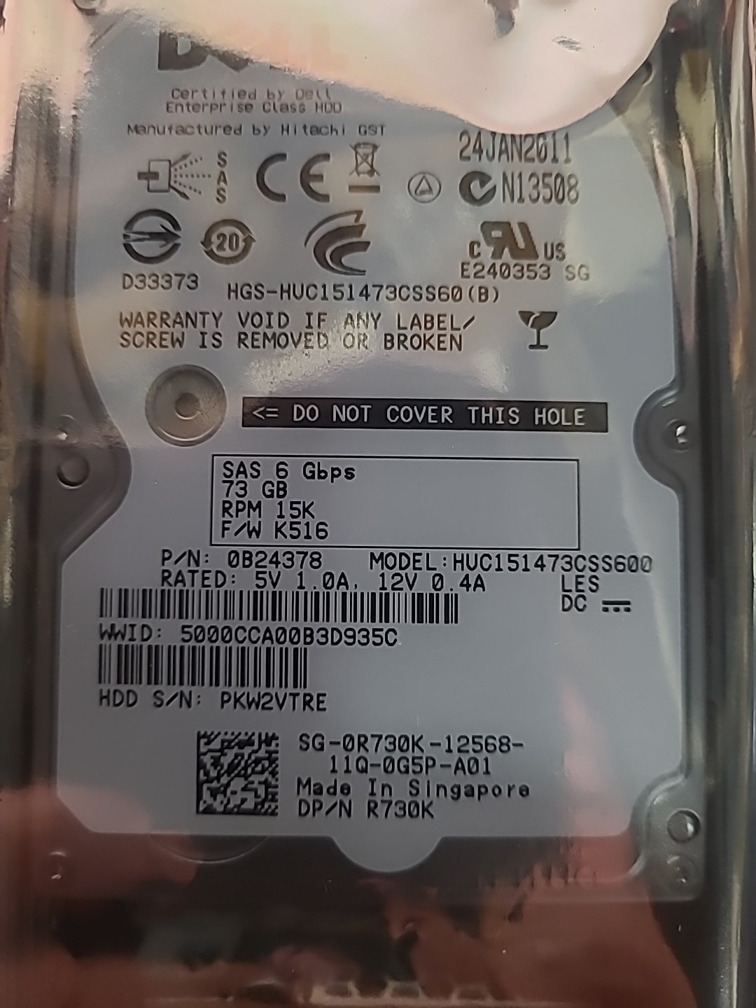 Hard Drive Dell 73GB HUC151473CSS600 15000Rpm Sas II 2.5'' Inch 0R730K