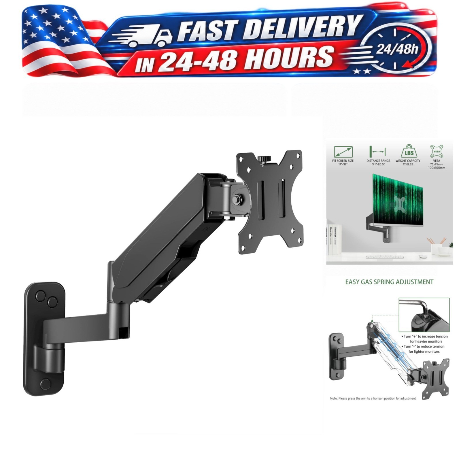 UPGRAVITY Monitor Wall Mount Arm for 17-32 inch Screens, Gas Spring, VESA 75/100