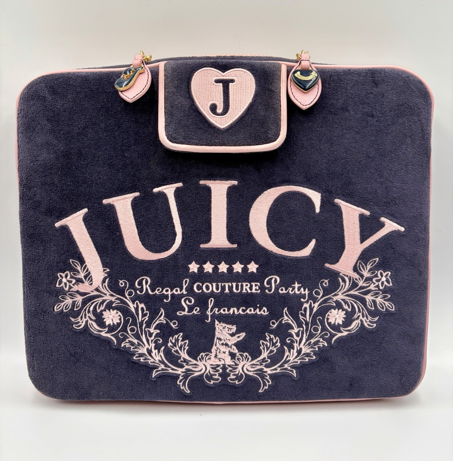 Vintage 90s Y2K JUICY COUTURE Dark Navy Blue Velour Laptop Sleeve Computer Case