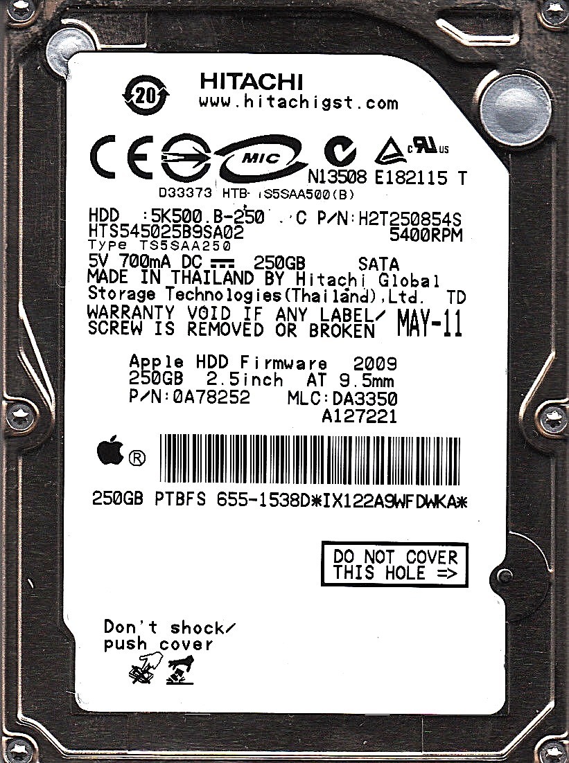 HTS545025B9SA02 pn: 0A78252 mlc: DA3350 apple: 655-1538D 250GB 2.5 SATA 7407