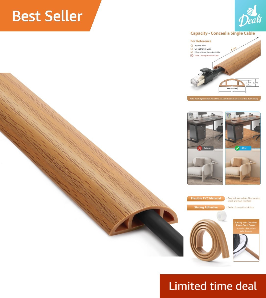 Soft PVC 10ft Cable Management Cover in Yellow Oak - Easy & Safe Installation