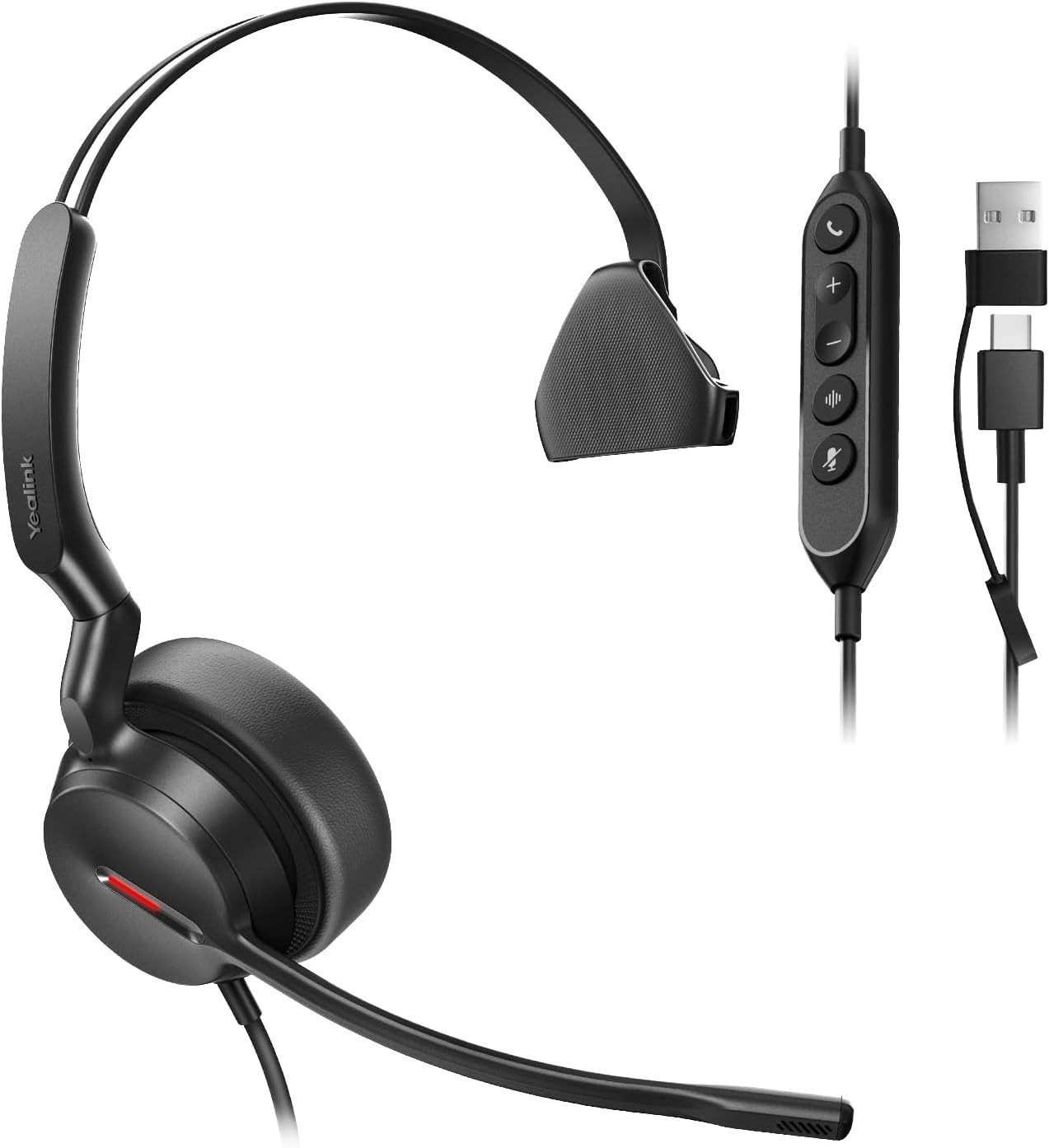 Yealink UH44 Mono Wired USB-C/A Headset with Mic, 2 AI Noise-Canceling Mic